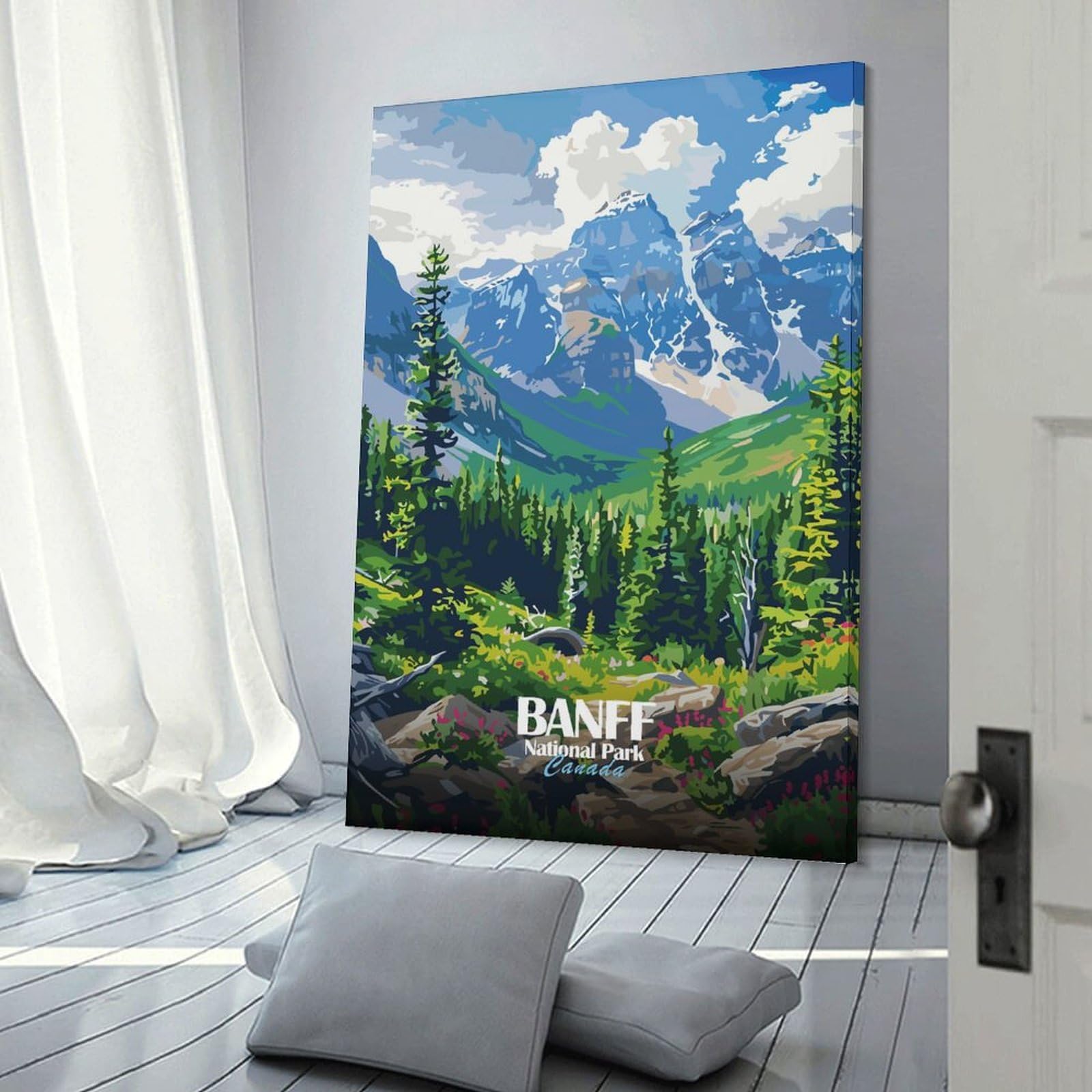 Junmoney Wall Decor Canvas Print Banff National Park Canada Illustration, 12x18inch(30x45cm), for Home Lounge, Bedroom Or Reading Nook, Canvas Styling for A Polished Room Look