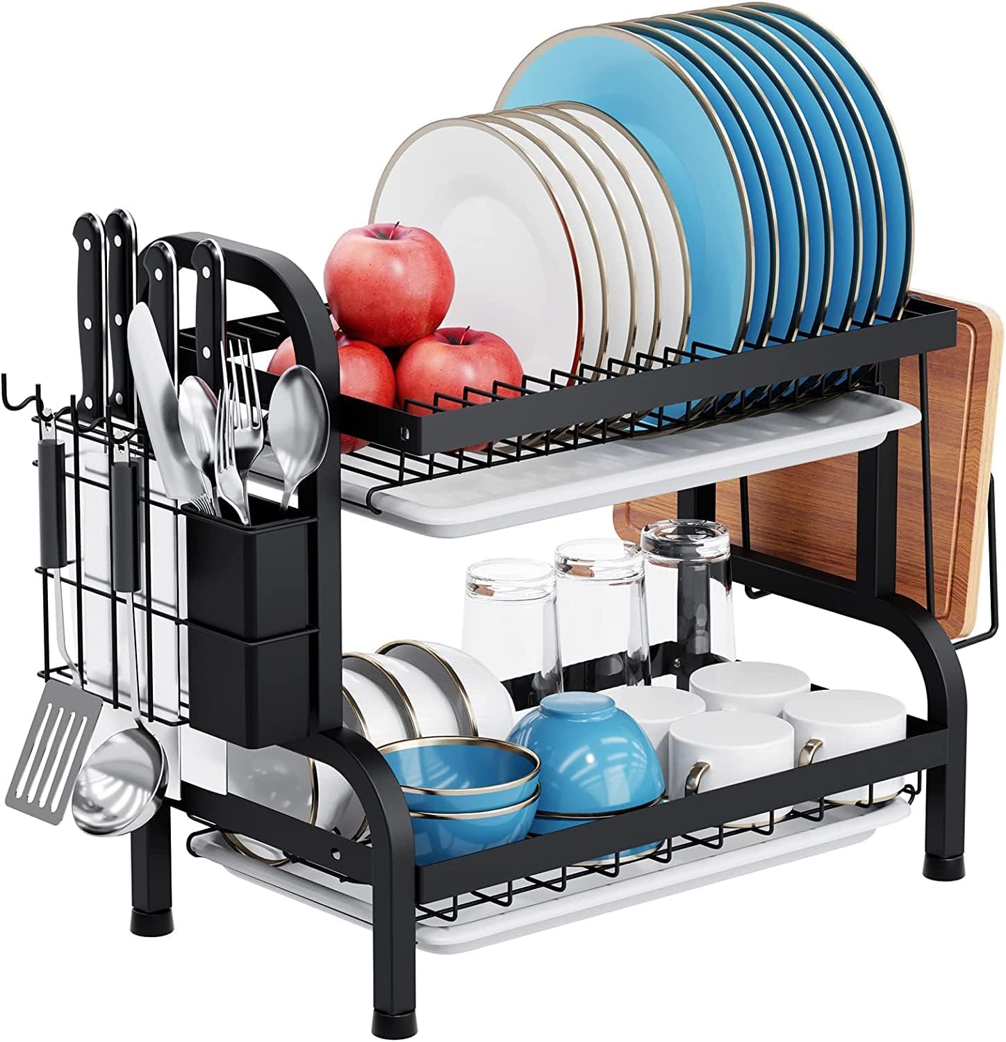 LS Dish Drying Rack with Drip Tray, 2 Tier Modern Large Dish Rack and