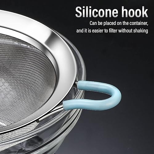 Miniatura 9 de Colnder fino de malla 60, tamiz de harina de acero inoxidable, colador de mano con mango extendido para un fácil uso en la cocina (7.9 in)