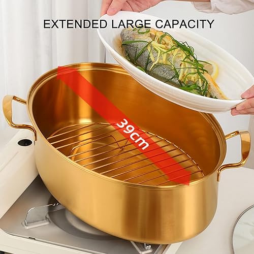 Miniatura 4 de HMWOKPOT Vaporizador de pescado de acero inoxidable, olla ovalada multiusos con estante, sartén de cerámica, portabrocas para cocinar pescado al