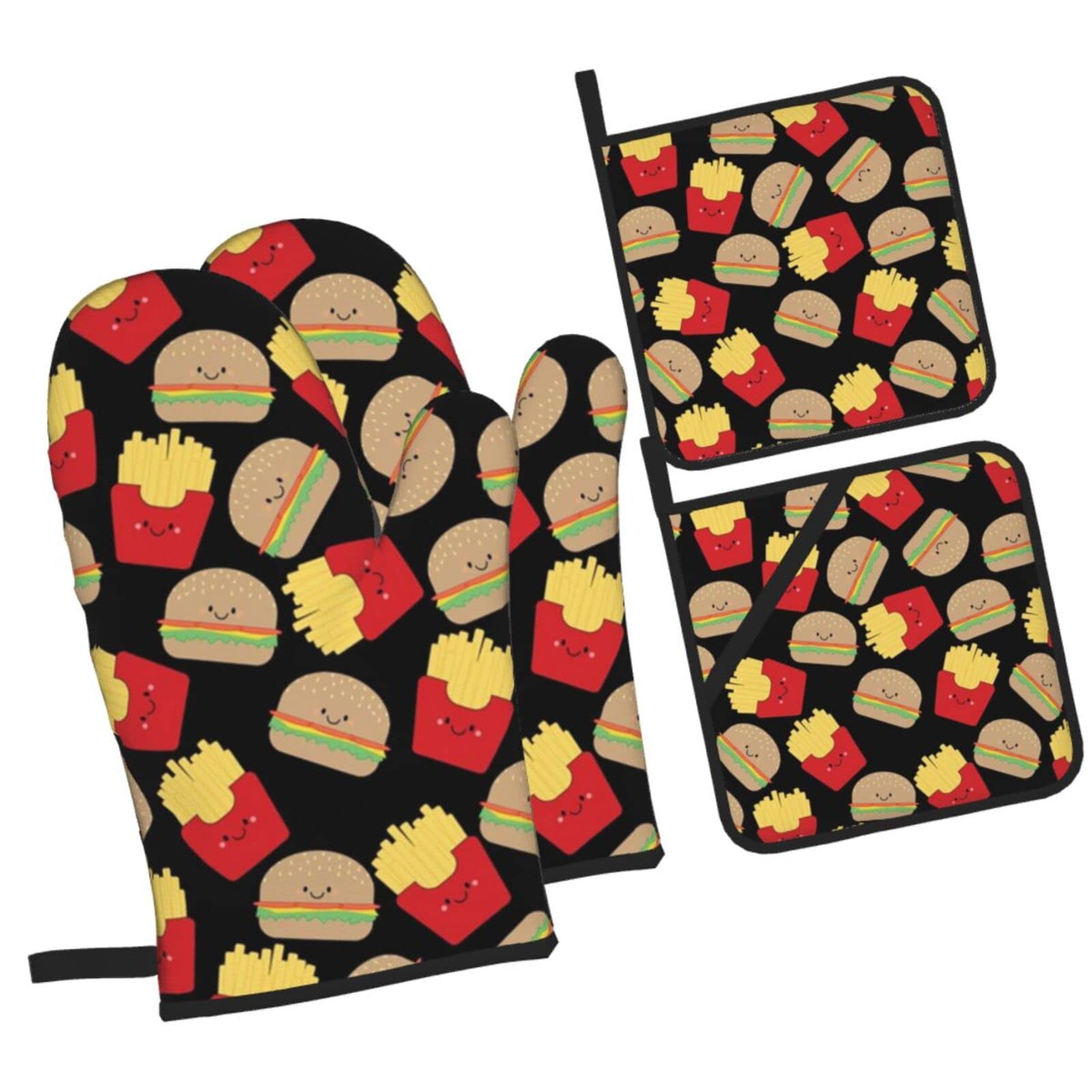 Burger Fries On Black Oven Mitts and Pot Holders Sets, Christmas Oven Mitt Kitchen Heat Resistant Non-Slip Pot Holders Set for Cooking Baking BBQ