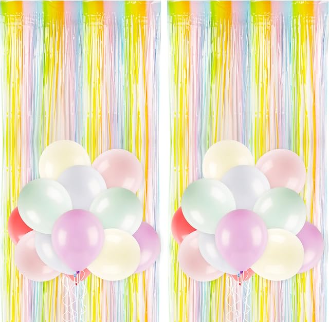 2 pcs Rainbow Foil Curtains 24 pcs Macaron Balloons Metallic Rainbow Tinsel Curtains Party Photo Backdrop Decoration Hanging Streamer Curtain for Party/Prom/Birthday/Wedding/Bridal Shower Favors