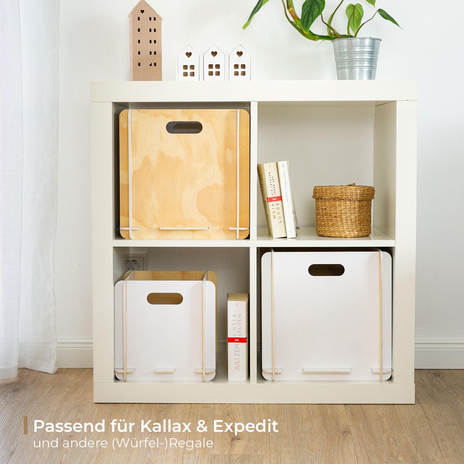HMF Aufbewahrungsbox aus Holz zum Zusammenstecken | 4er Set | passend für Kallax | 32 x 32 x 32 cm | Weiß