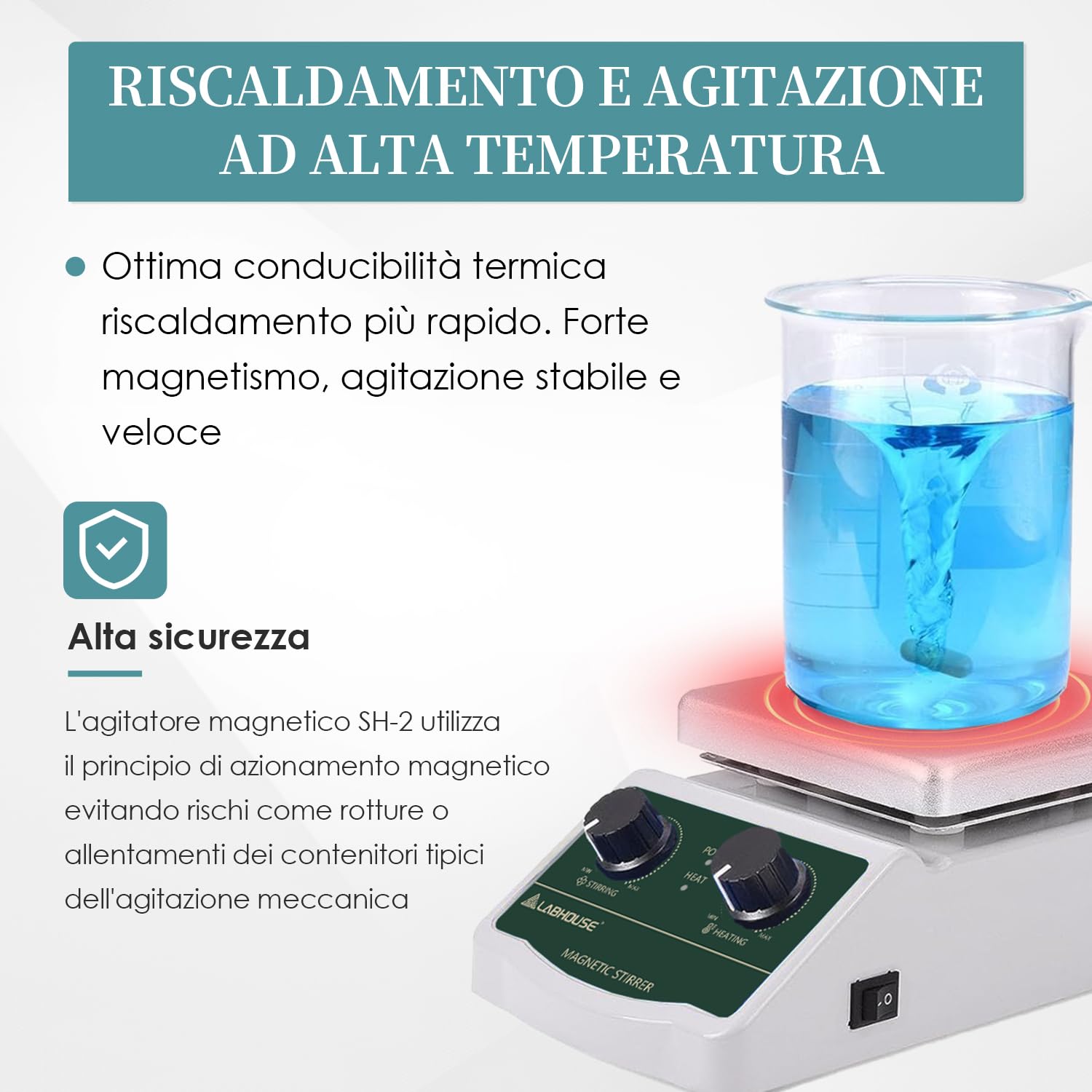 LHS-2 Agitatore Magnetico Piastra Riscaldante, 300°C, 2000RPM, 2L | Piastra fino a 300°C, 4 barre PTFE e recuperatore, supporto, variabile, per riscaldamento e miscelazione