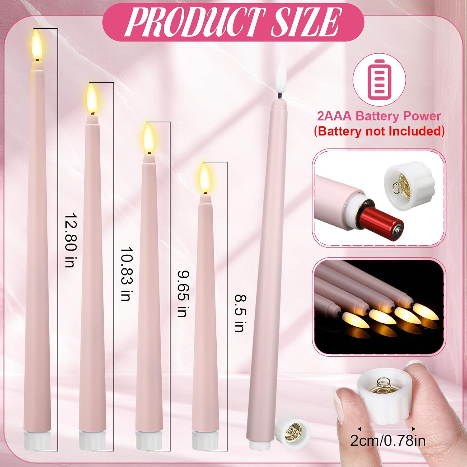 48 pcs flameless led taper candles battery operated candles 4 sizes of 8.5'', 9.65'', 10.83'', 12.8'' flameless candlesticks flickering for halloween christmas church wedding(dusty pink)