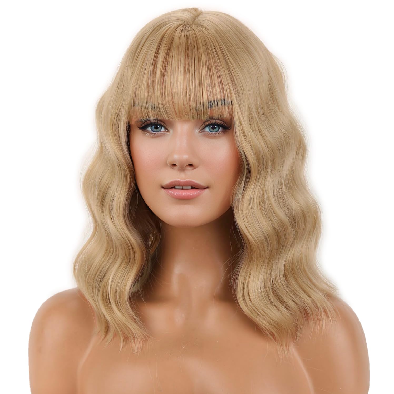 PATTNIUM Flaxen Blonde Wig Short Curly Mixed Blonde Wig Flaxen Wigs with Bang for Women Girls Synthetic Hair Cosplay Costume Wigs