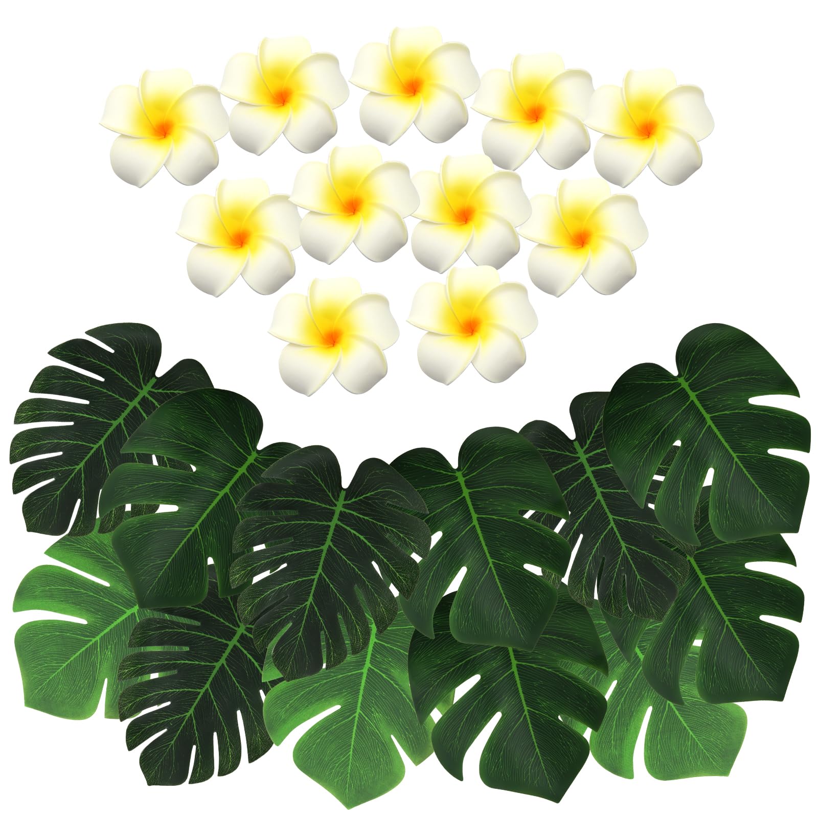 60 PCS Artificial Palm Leaves and Plumeria Flowers for Tropical Party Decoration,Green Monstera Leaf with Plumeria Flower for Hawaiian Luau Party Table Decoration Summer Beach Tiki BBQ Wedding Decor
