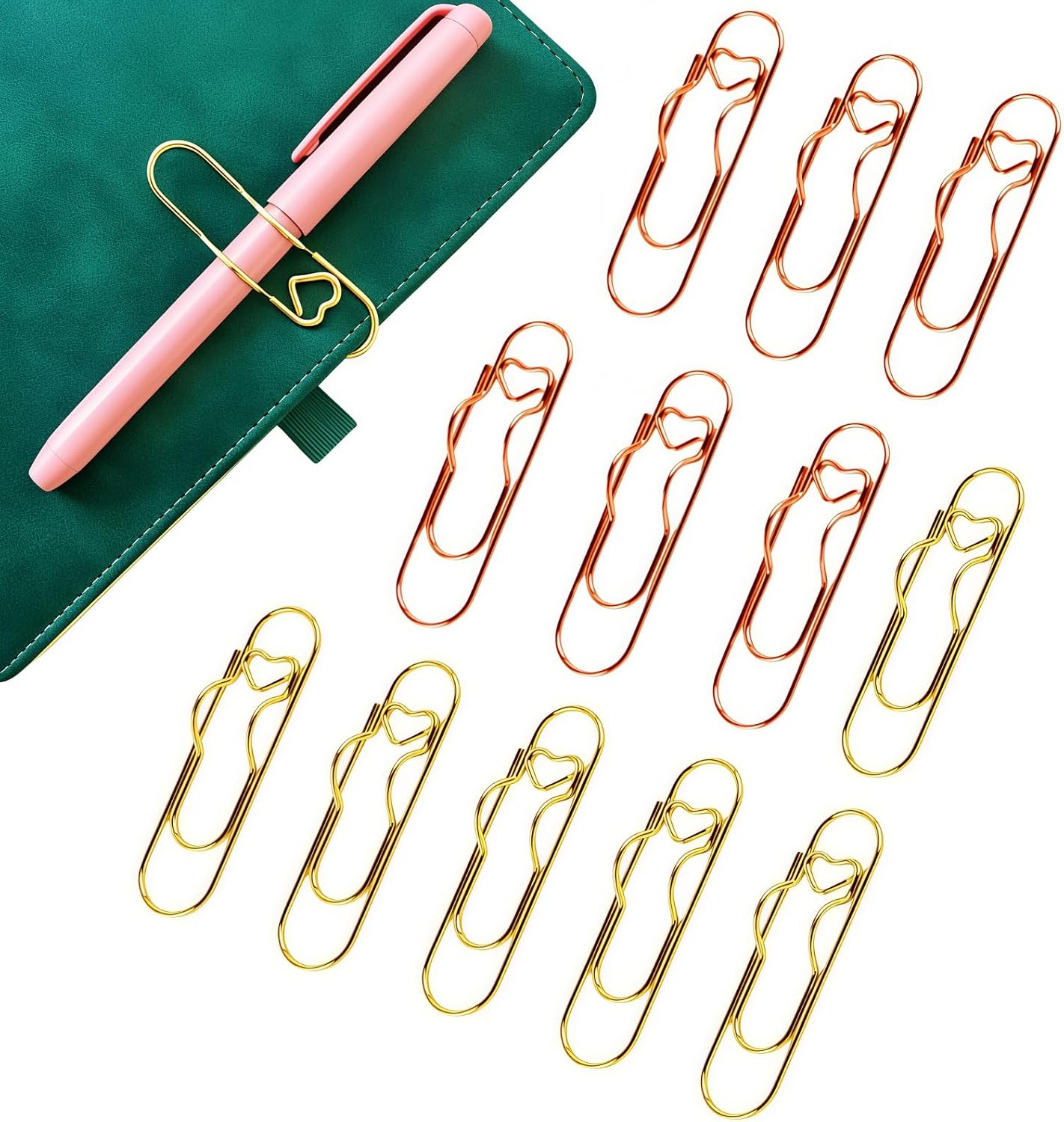 12Pcs Heart Stainless Steel Paper Clip Pen Holder for Notebook Journal Book