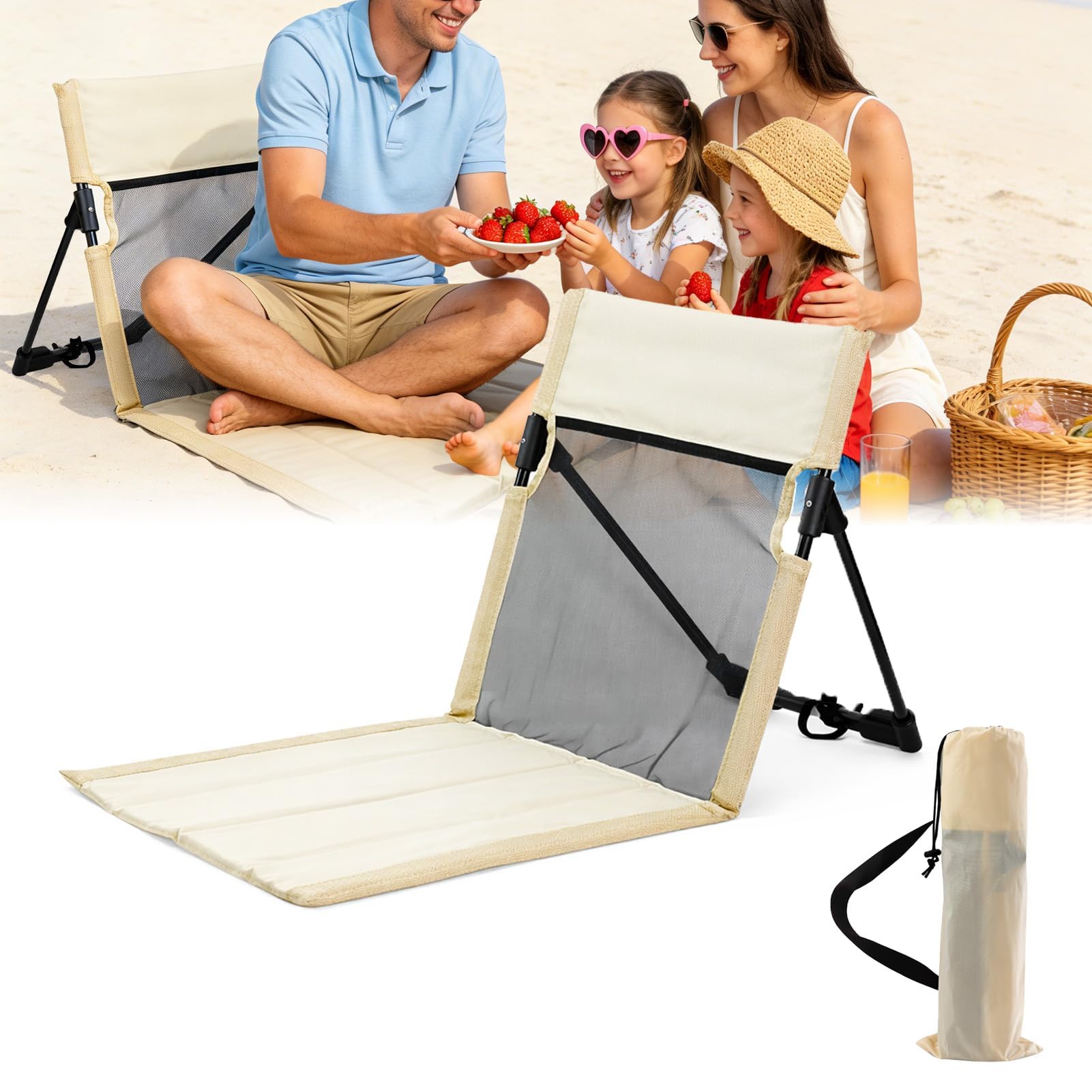 Chaise de Plage Pliable,Respirante Tapis de Plage avec Dossier, en Tissu Oxford 600D, Portable Chaise de Plage Pliante Ultra Légère, pour Camping, Plage, Pplein Air, Herbe,Jardin(Beige)