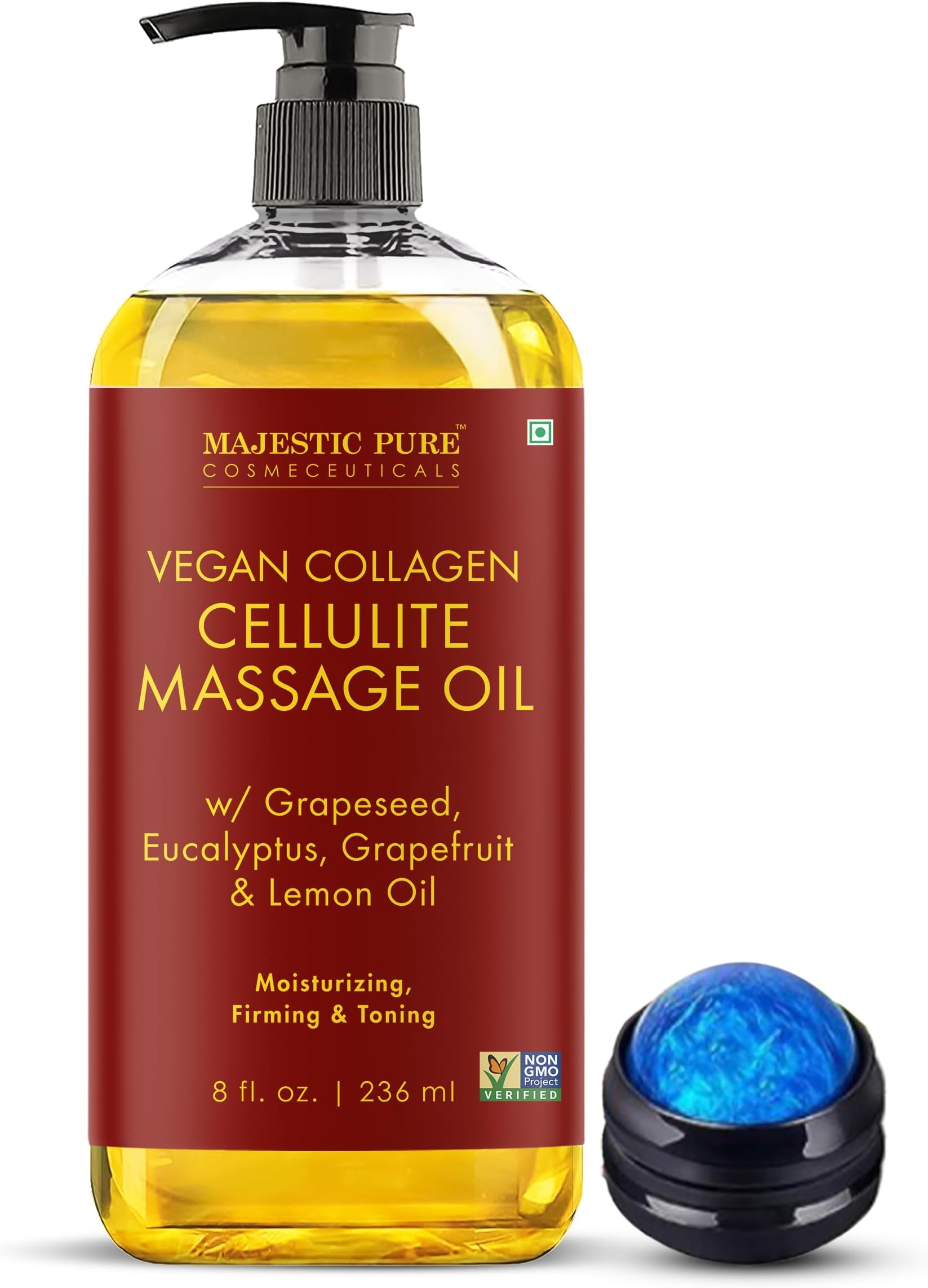 Majestic Pure Cellulite Massage Oil 236 ml - Skin Tightening & Firming Massage Oil, Includes Massage Roller, for Thighs & Buttocks