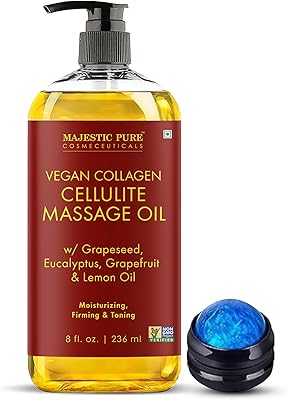 Majestic Pure Cellulite Massage Oil with Collagen & Stem Cell Extract 8oz-Firming Body Oil for Thighs, Legs, Hips, Stomach-Helps Improve Cellulite & Smooth Skin-Refreshing Aromatherapy Oil with Roller