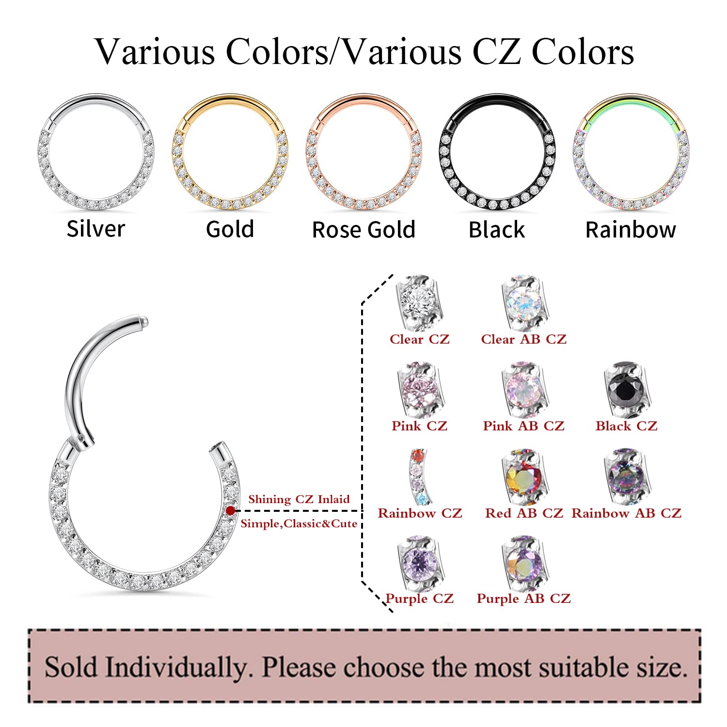 hengkaixuan CZ Opal Septum Jewellery Daith Ring Conch Hoop Seamless Clicker Ring Surgical Steel Rook Tragus Conch Piercing Jewellery Small Hoop Earring Nose Hoop Ring — view 4