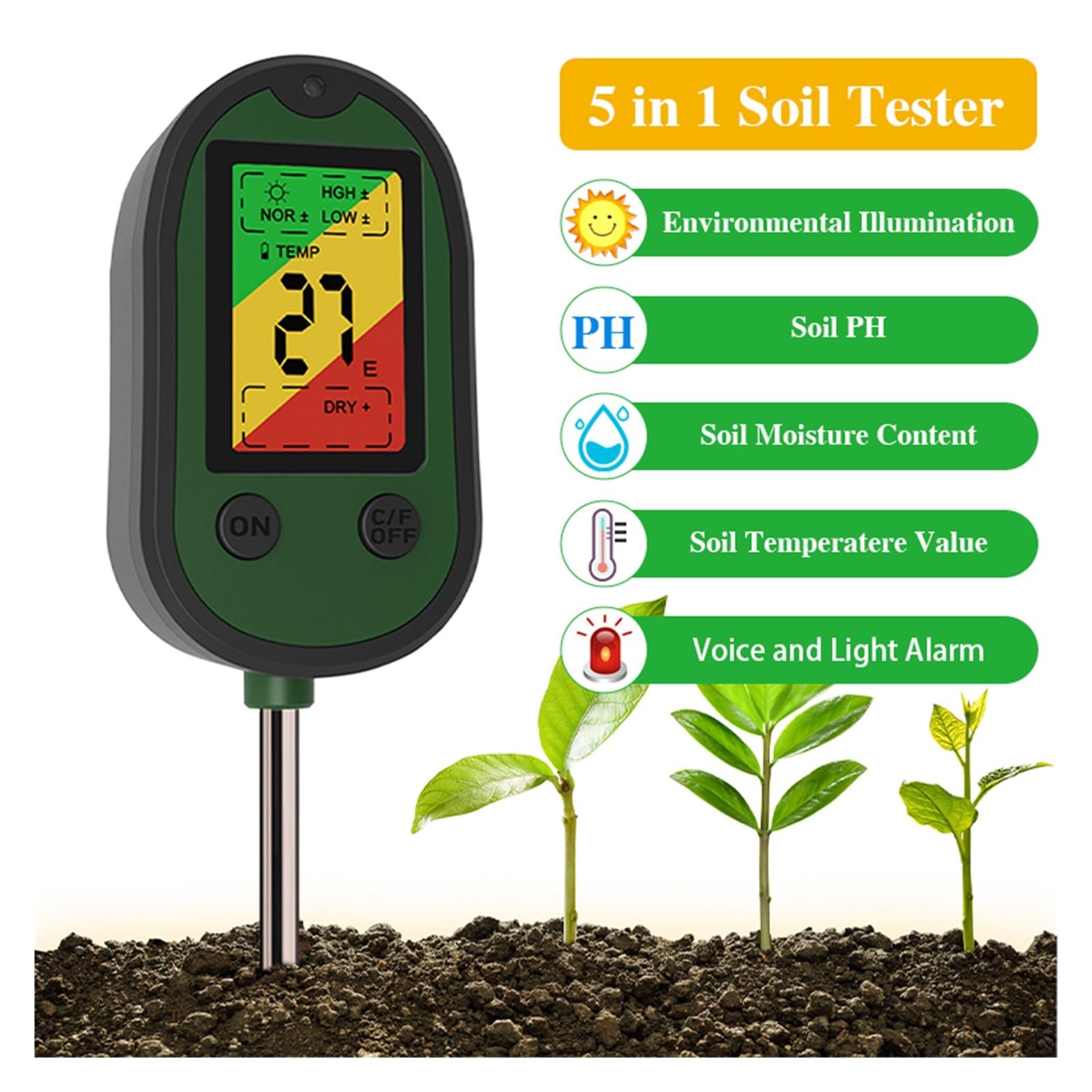 Probador de suelo 5 en 1, medidor de PH, medidor de humedad de plantas, temperatura, luz solar, medición de intensidad, análisis, alarma, Monitor de prueba de acidez del suelo