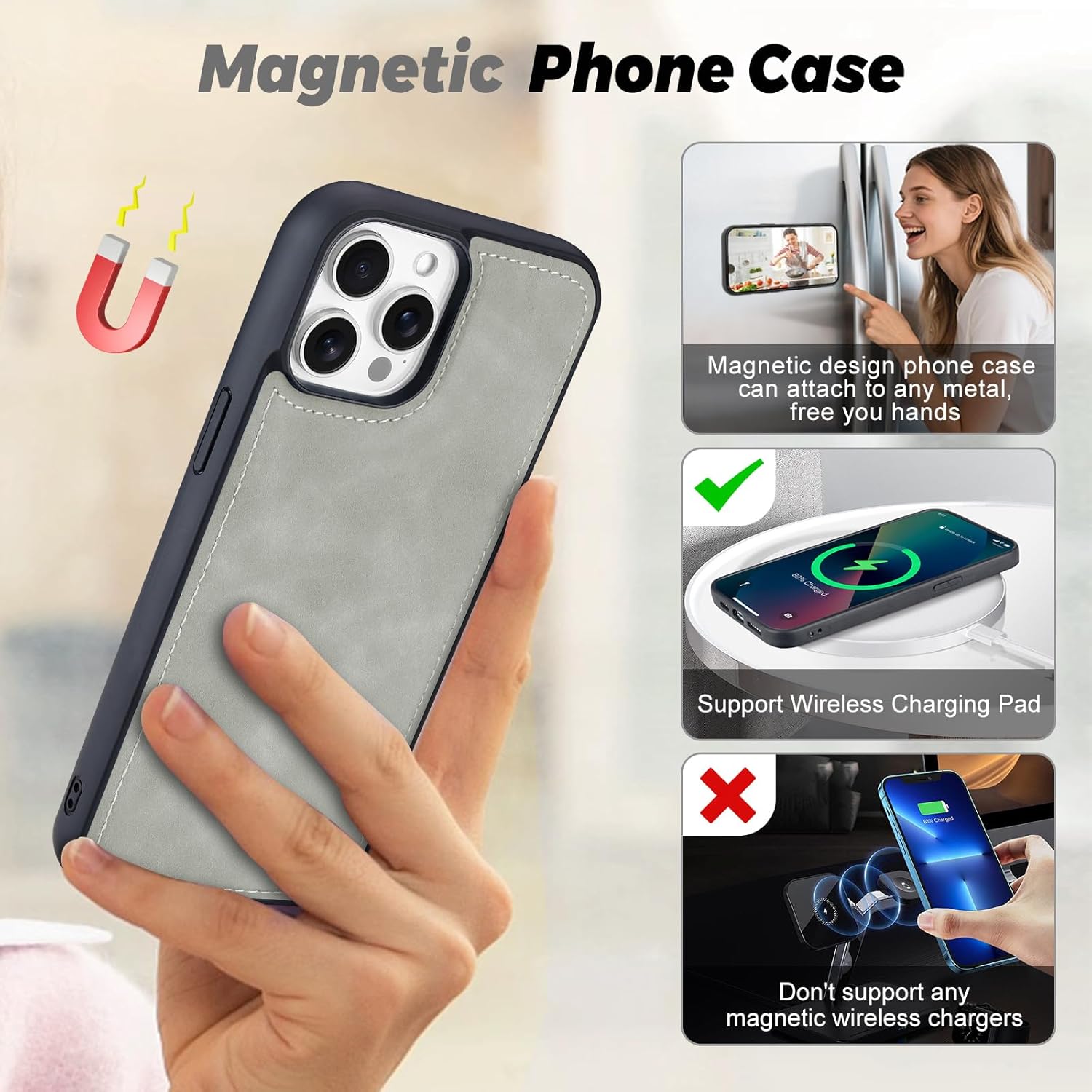 TwoHead for iPhone 12 Pro Max Wallet Case with Card Holder,Detachable Magnetic 12 Pro Max Phone Case, PU Leather Shockproof Protective Cover Wallet for Women/Men,6.7IN,Gray