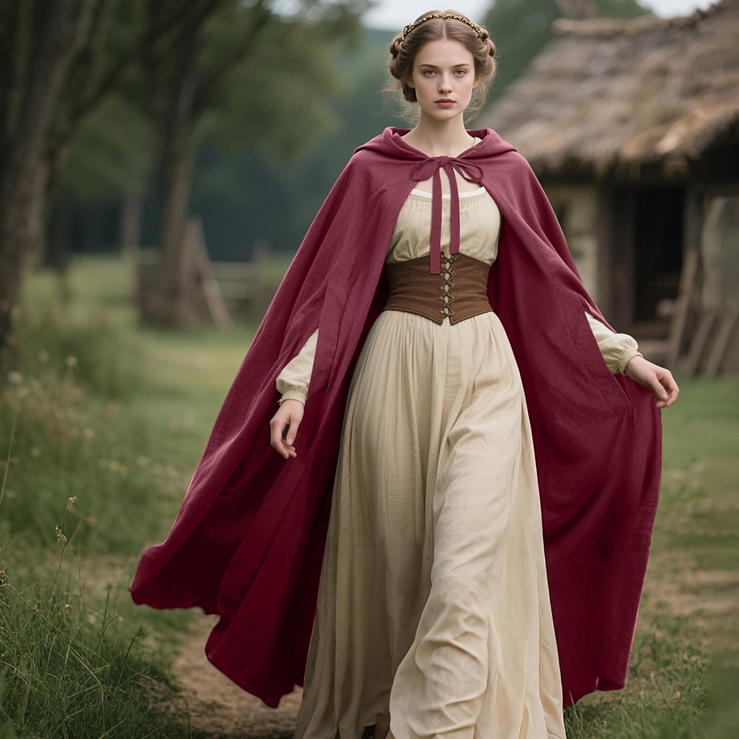 L'VOW Arm Holes Renaissance Cloak with Hood Medieval Women Hooded Cape for Halloween Cosplay - Image 4