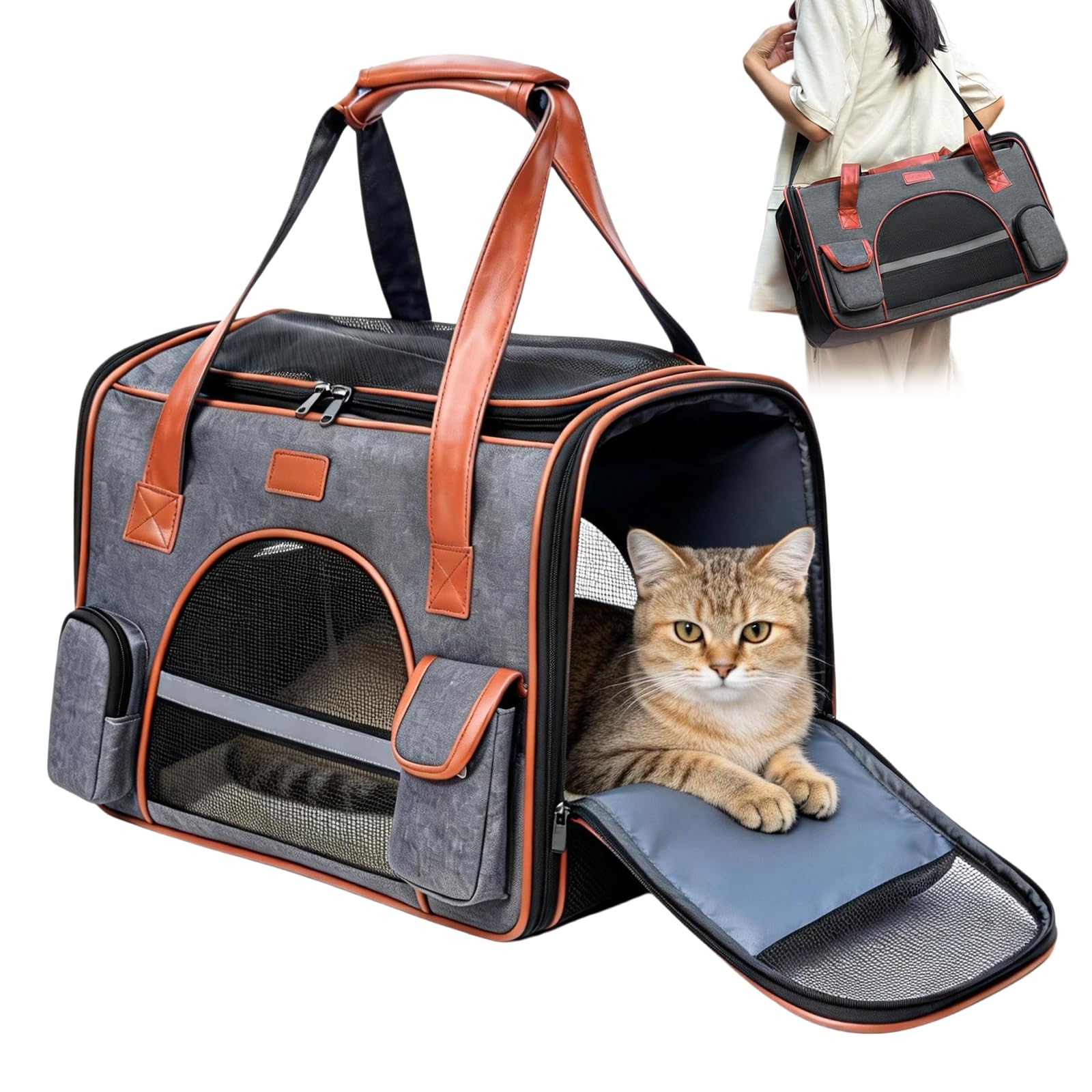 Sac De Transport pour Chat, Sac Transport Chat Chien Jusqu'À 6.5 Kg, Caisse De Transport Pliable avec Bandoulière Et Poignées, Sac De Transport pour Animaux pour Voiture, Voyage, Camping en Plein Air