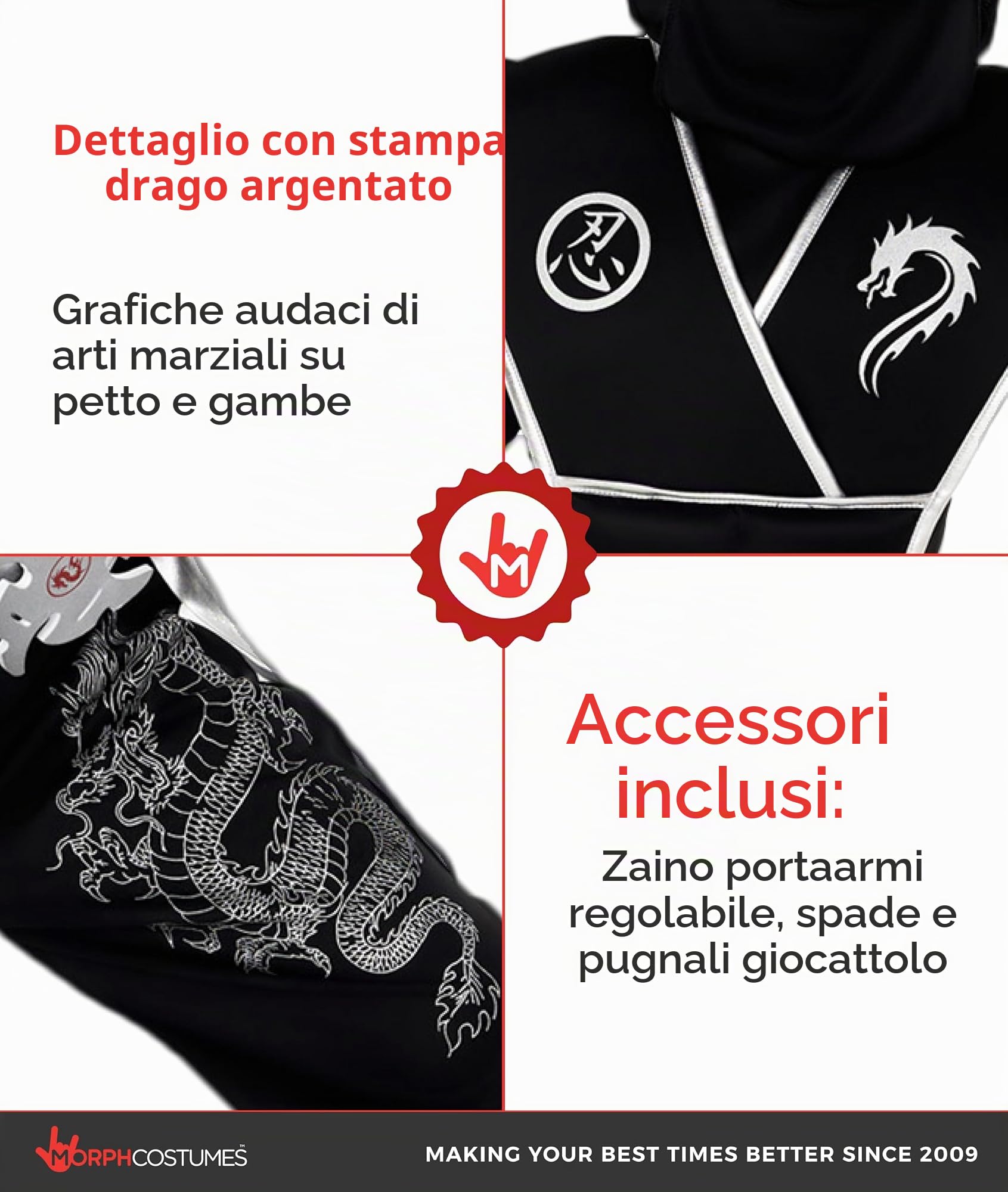 Morph Costume Ninja Bambino Argento - Vestito Carnevale per Bambini, Abito Ninja per Feste, Halloween e Compleanni.