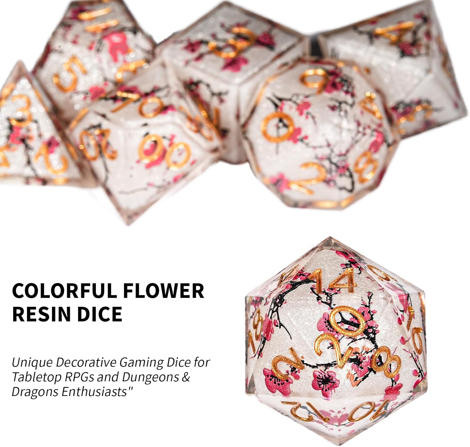DND Dice Set 7-Pcs, Sharp Edge Plum Flower Style Resin Dice Polyhedral Resin Sharp Edge Dice for Roleplaying Games Dungeons and Dragons RPG MTG Table Games（Plum Flower）