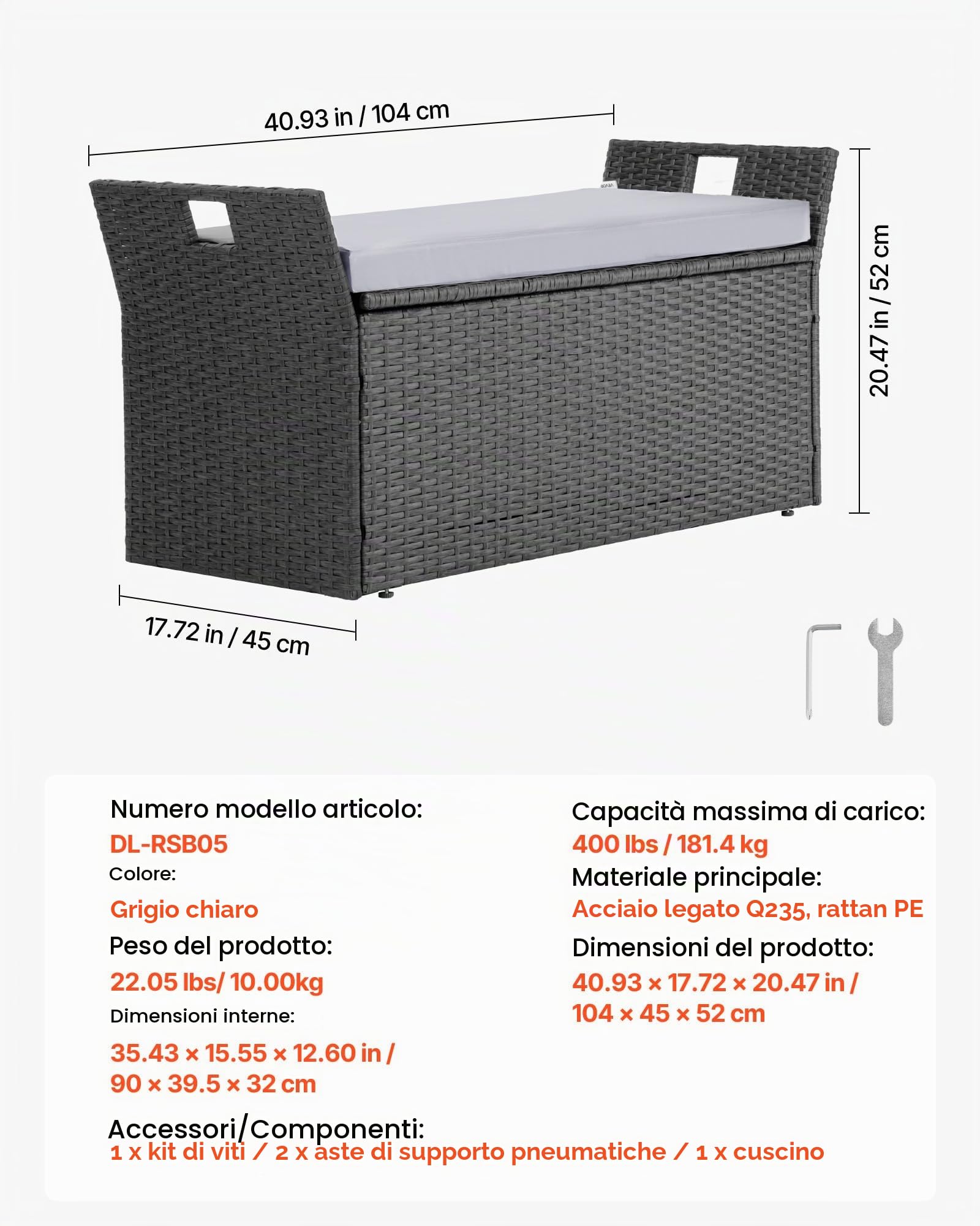 VEVOR Panca Portaoggetti da Esterno, Panca Portaoggetti in Rattan PE per 2 Persone, Contenitore Intrecciato con Cuscino Maniglia Laterale, Supporto Max 180kg, Seduta da Giardino Decorazione Balcone