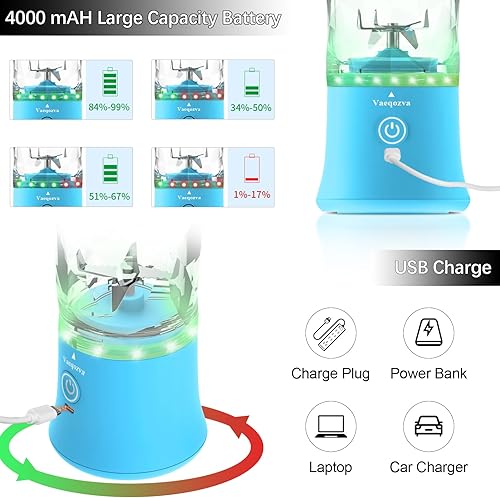 Miniatura 4 de Licuadora portátil de tamaño personal para batidos y licuados - Mini taza recargable USB impermeable de 20 onzas con 6 cuchillas más afiladas, 240 W