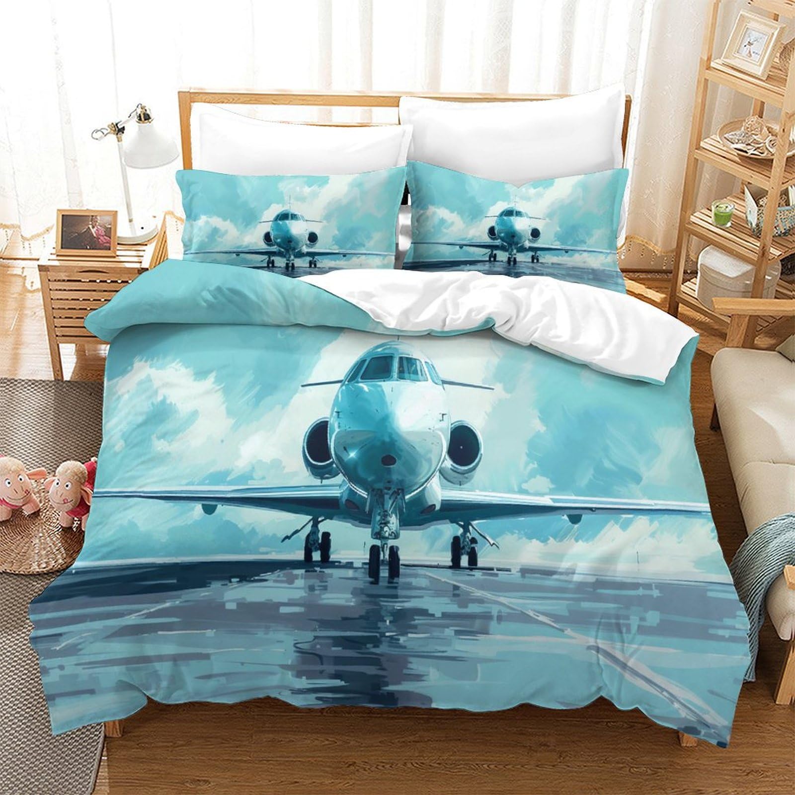 P1s9u7w5y Aircraft-4 Sky Blue Aircraft 3D Printed Duvet Cover Set 3Pcs Microfiber Plane Bedding Set Double（200X200cm）