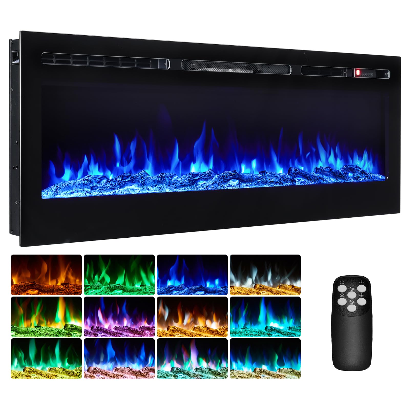 – 102cm Electric Fire Wall Mounted Recessed Electric Fireplace With 12 LED Flame Colors, Adjustable Thermostat, Crystal&Logs Set, 900W/1800W, Remote&Touch Screen Control (102cm/40in, Black)