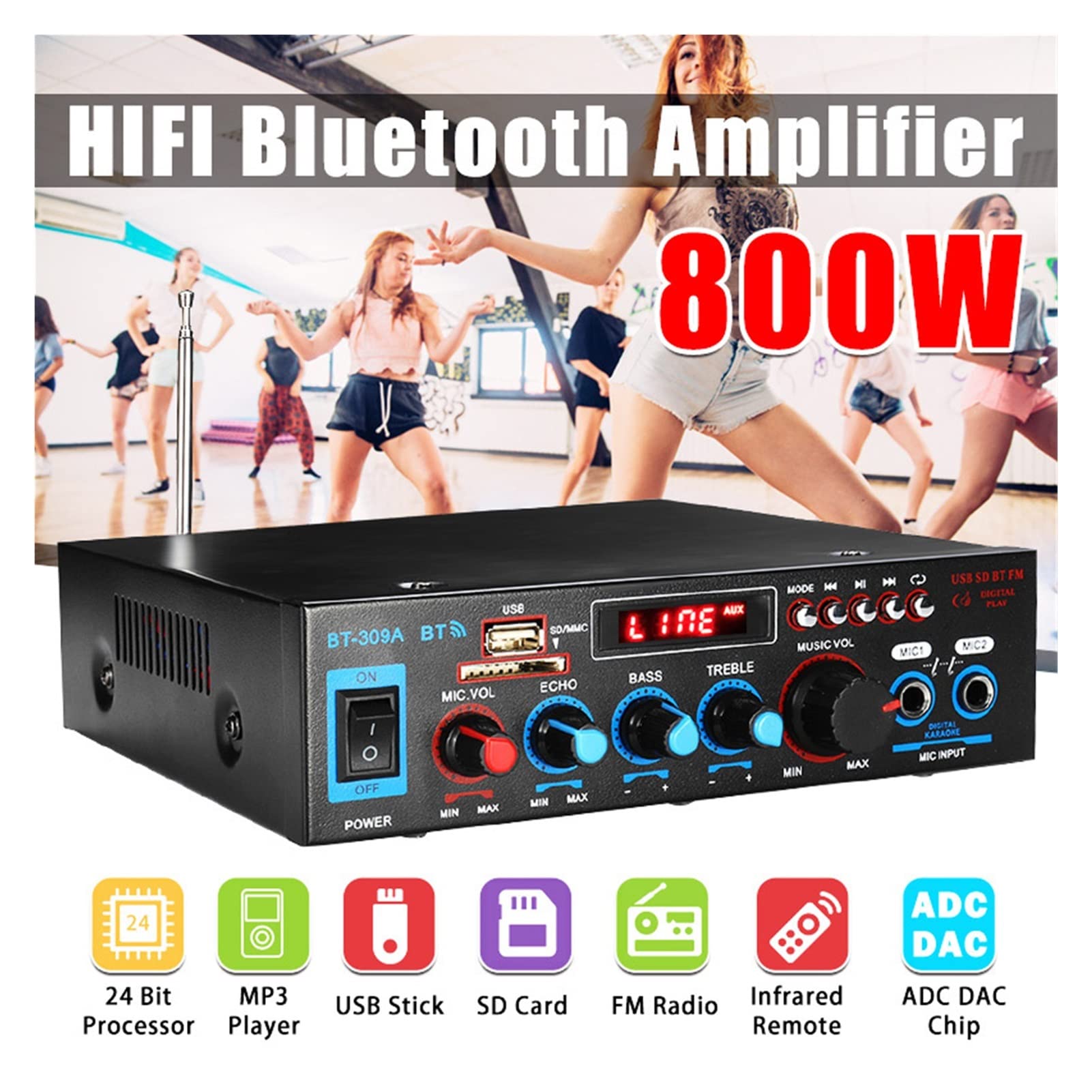 Amplificatore Audio, Amplificatore for la casa 600W 800W HiFi USB FM. Radio Car Audio Audio Bluetooth Amplificatori Subwoofer Teatro Sound System con telecomando(Silver)