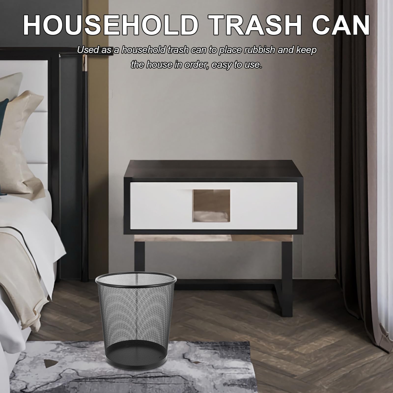 YARNOW Cestino per Rifiuti in Rete di Metallo Nero da 9l, 5 Pezzi, Rotondo, Portatile e Ventilato, per Ufficio, Cucina e Camera da Letto