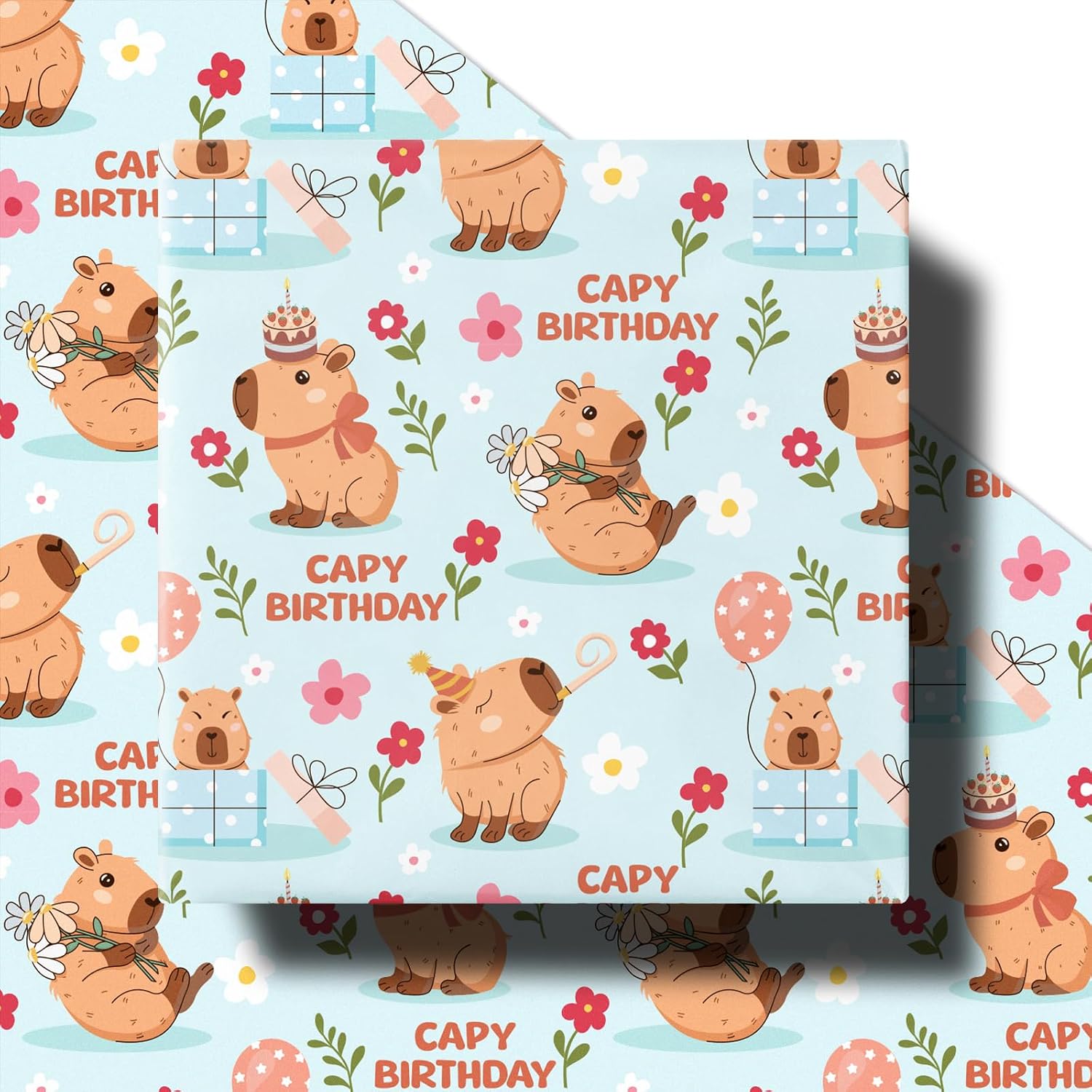 RUSPEPA Birthday Wrapping Paper Roll for Girls Boys, Mini Roll, Cute Rodent Animal with Balloon, Flower and Gift Design Gift Wrap for Kids Party, Animal Party, 17 Inches x 16.4 Feet