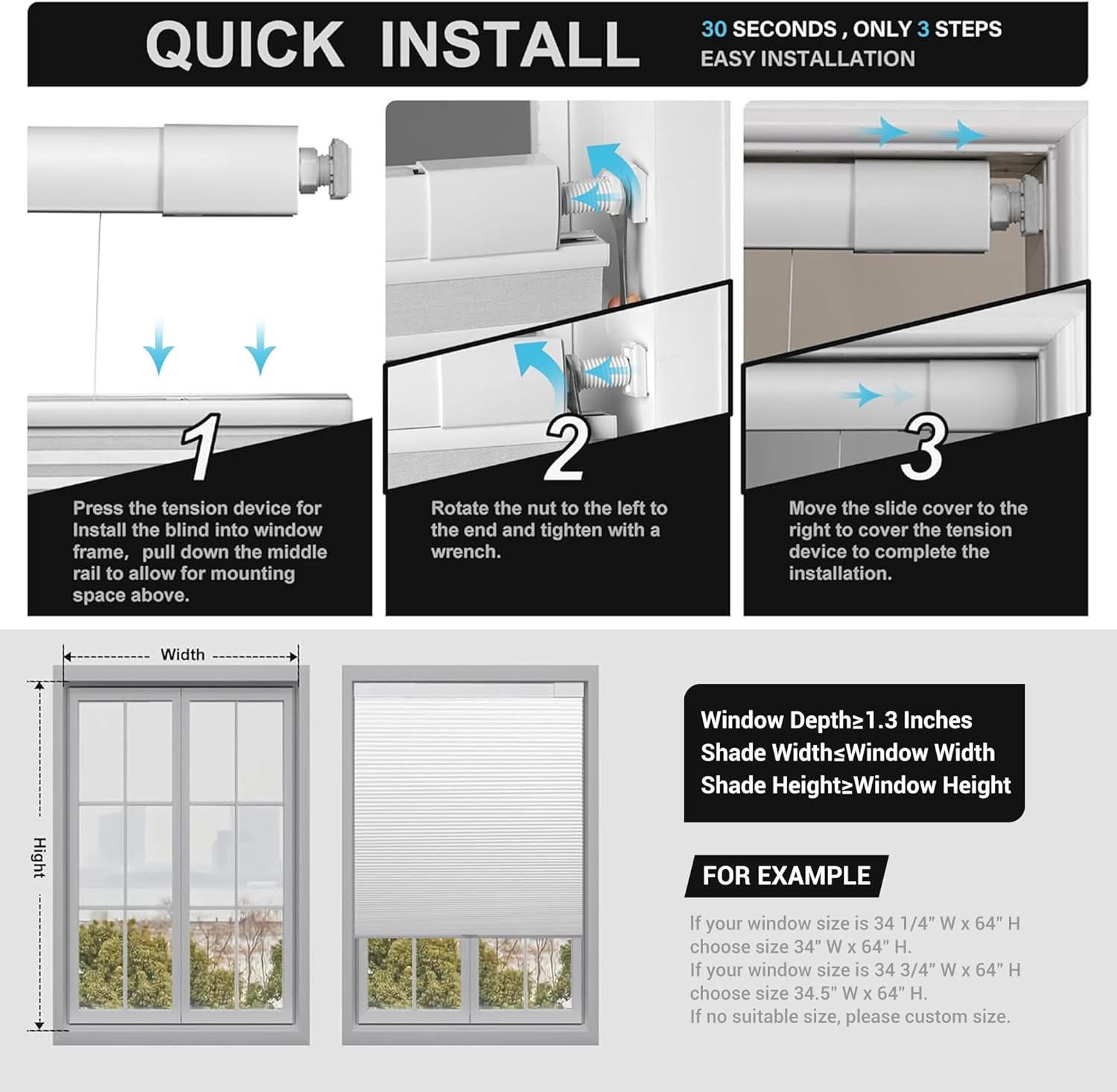 Boolegon No Drill No Tools Cellular Shades Top Down Bottom Up Honeycomb Blinds Blackout Cordless Window Blinds Easy to Install Cellular Shade for Windows,Blackout-White,34.5" W x 64" H..