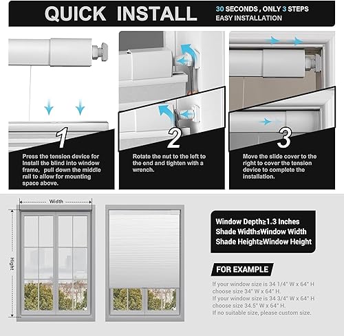 Miniatura 6 de Boolegon - Persiana celular con apertura independiente por arriba o por abajo, de panal de abeja, opaca, sin cordón, fácil instalación,