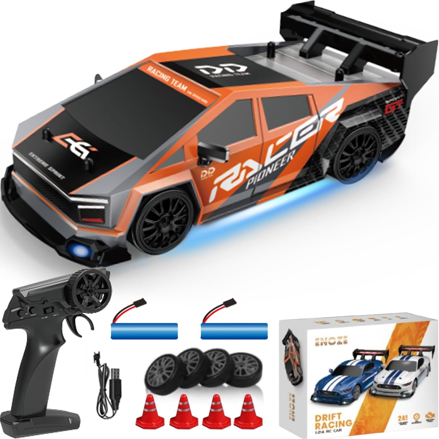 RC Drift Car, 1/24 Scale Mini RC Drift Car, 2.4GHz Remote Control Cars, Four Wheel Drive High Speed Racing with LED Lights, Equipped with Racing Tires and 2 Rechargeable Batteries (8603-Orange)