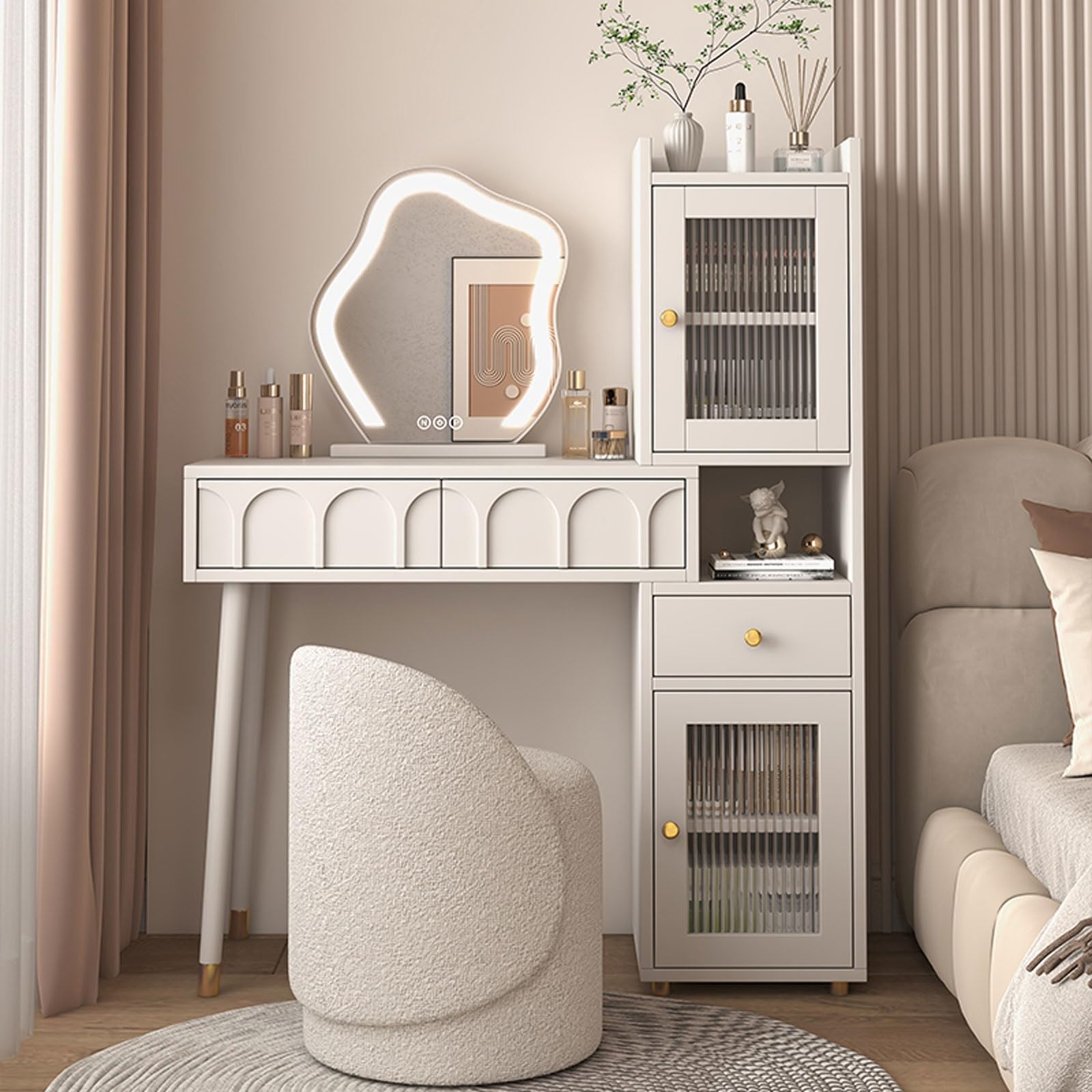 asdchZen Makeup Vanity Desk Set With Lights & Mirror, 4/5 Drawer Makeup Table With Stool & Top Storage Rack For Bedroom-Compact 35.4" Stylish Dressing Table,35.4in