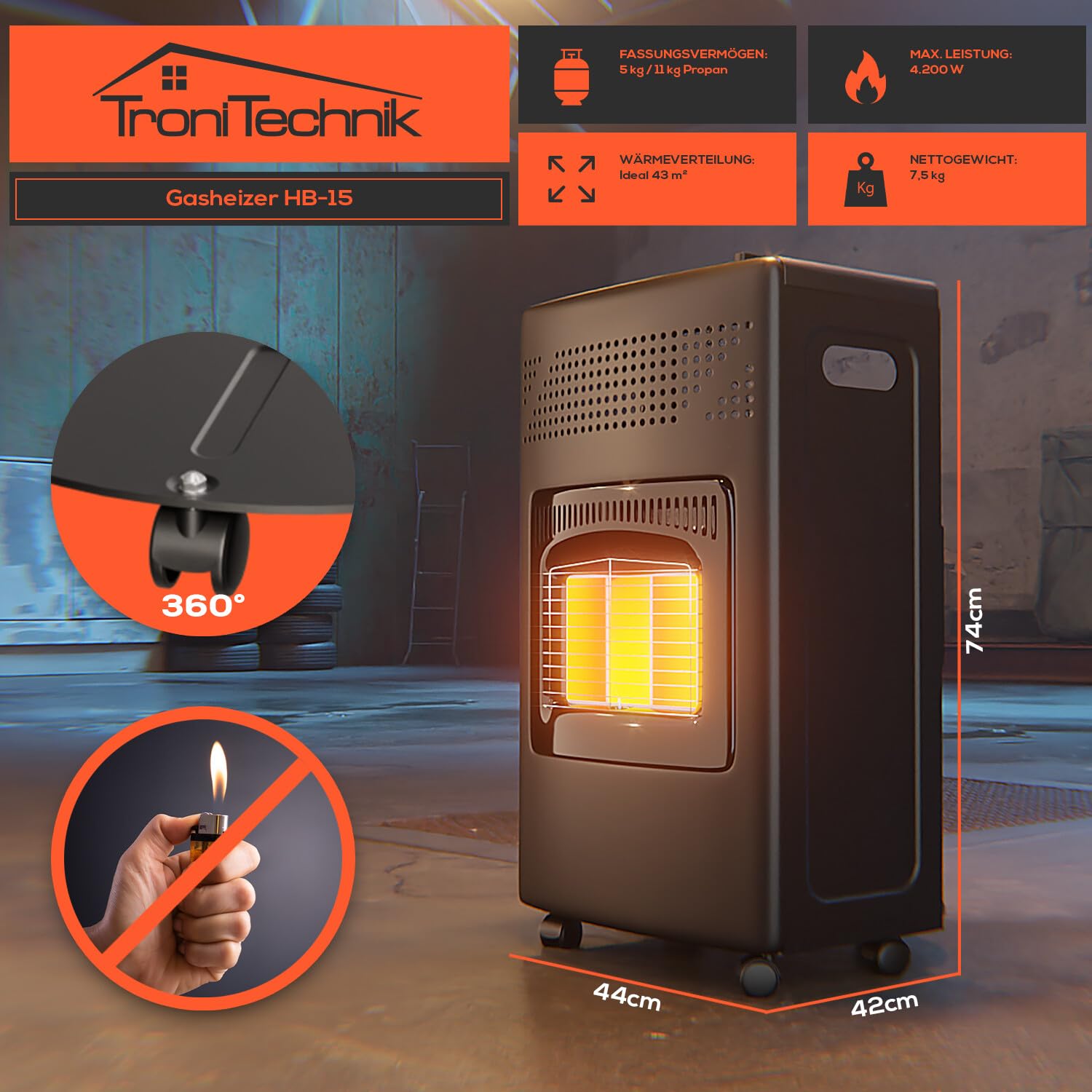 Tronitechnik® Heizgerät 4200 Watt 3 Stufen Gasheizofen Gasheizgerät Gasheizer Keramik Gasofen Gasstrahler für Gasflasche Propangas Heizer, Heizung inkl. Gasdruckregler mobil energiesparend