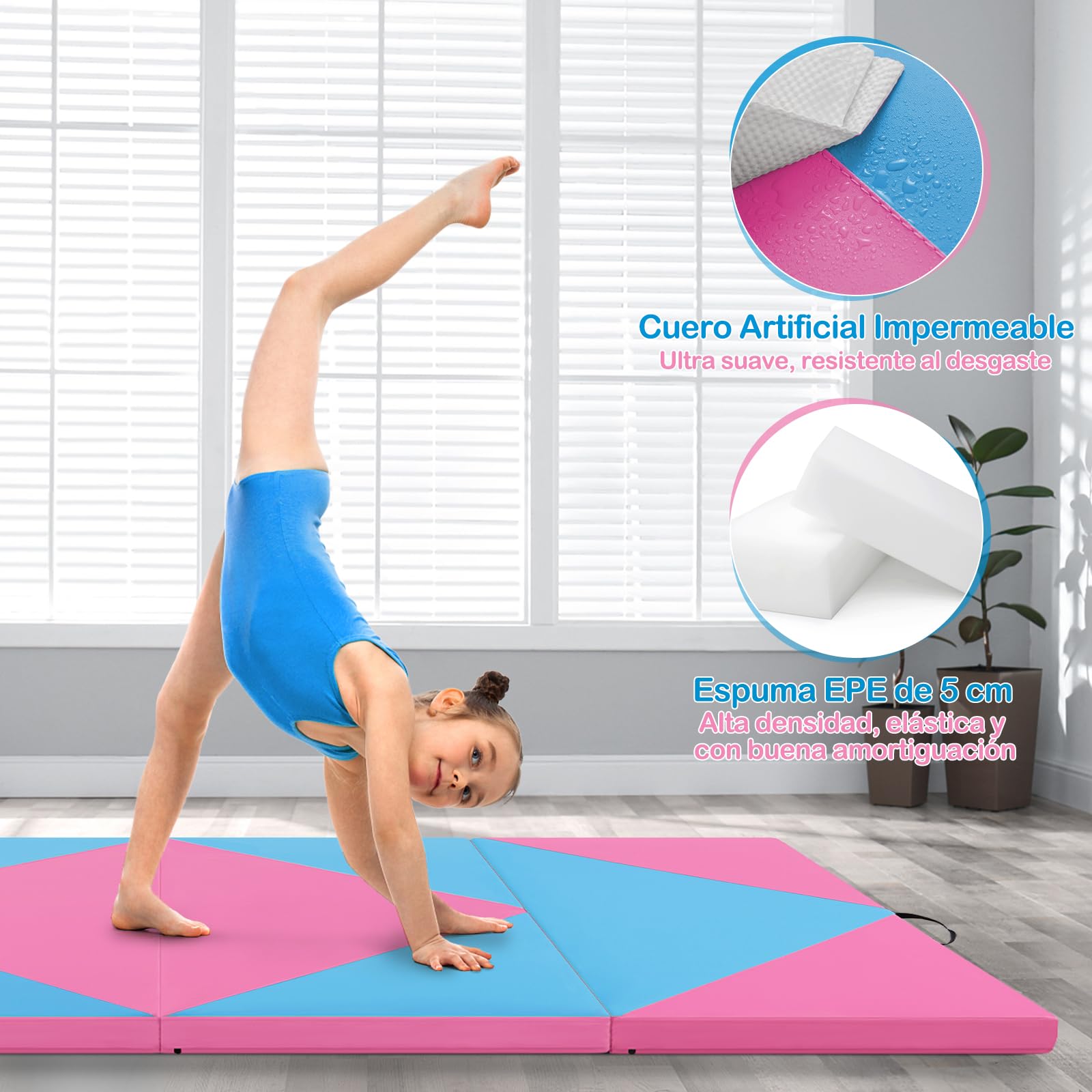 GOPLUS Colchoneta de Gimnasia Plegable, 240x117x5cm, Esterilla de Entrenamiento de Cuero Artificial con Asas de Transporte, Alfombra de Suelo para Fitness Yoga (Azul+ Rosa)