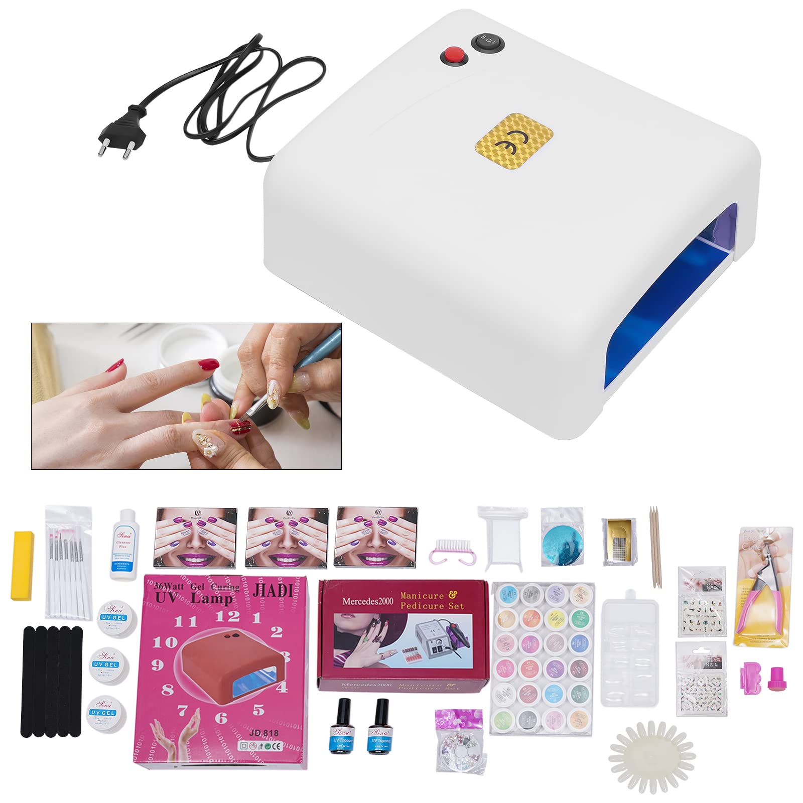 Nagelstudio Set, Gelnägel Starterset mit 24 Farbgele, Bunte Strasssteine Maniküre UV-Lampe und Maniküre Werkzeugen Geeignet für Anfänger & Home-Salon