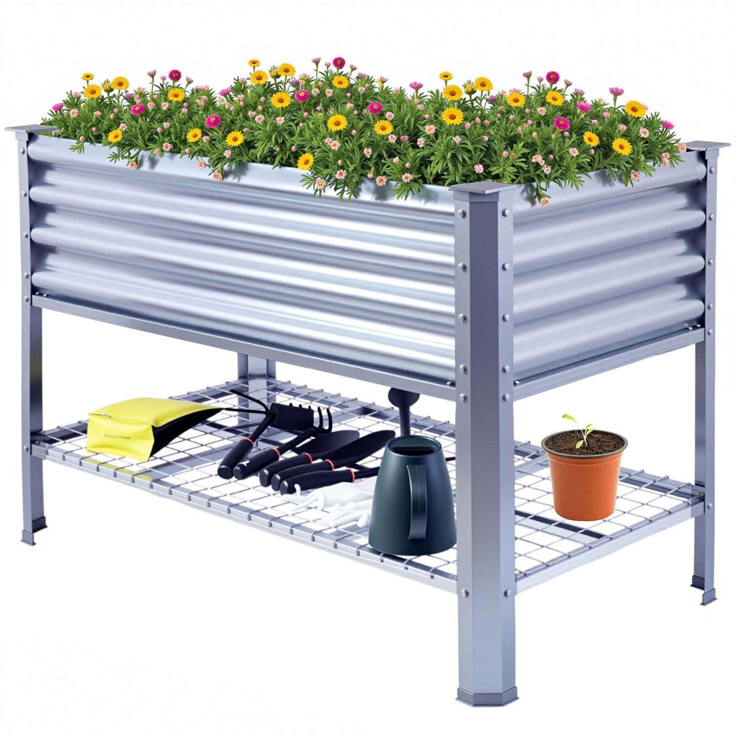 Raised Garden Bed with Legs Galvanized High Raised Garden Boxes Outdoor Planter Box Garden Planter for Vegetables Flowers Herb Balcony Backyard (4*2*2.6 FT/120*60*80 CM, Metal, with Bottom Plate)