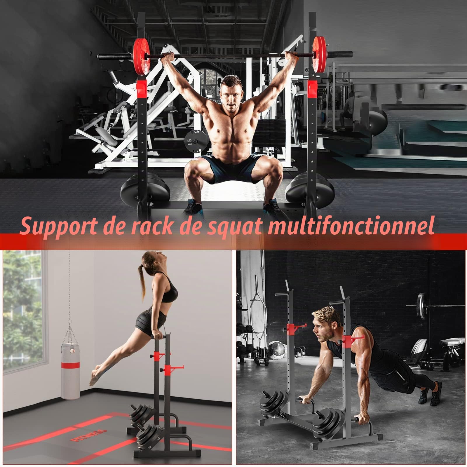 FONBEAR Support réglable pour Squat, Barre d'haltères, Station de Musculation réglable, Banc de Presse réglable, Charge maximale de 300 kg, Multifonction pour haltérophilie à la Maison