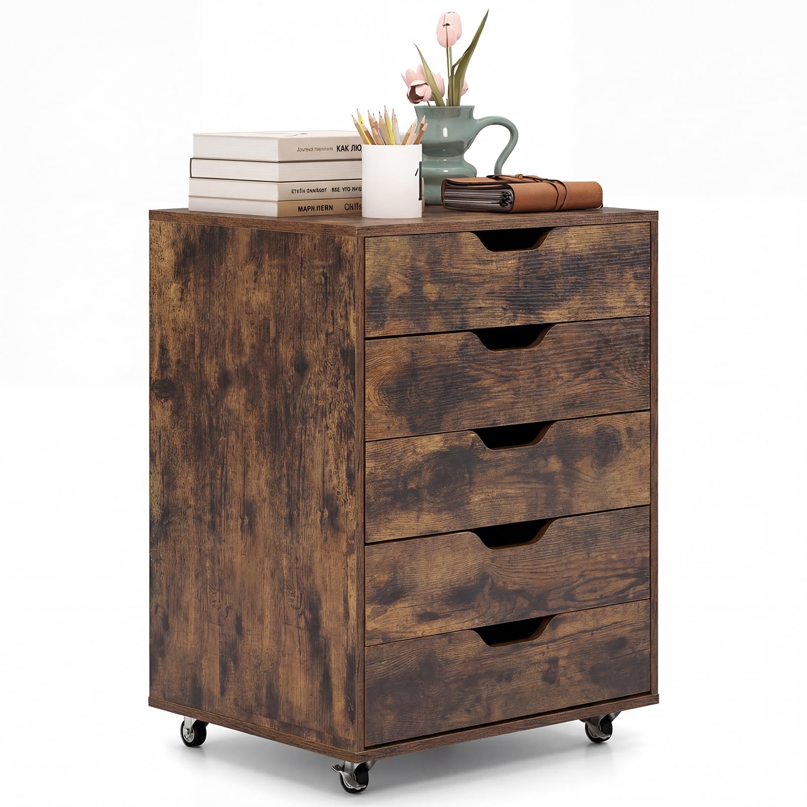 CASART Rolling File Cabinet, 4/5/7 Drawers Freestanding Storage Organizer Cupboard on Wheels, Home Office Lateral Filing Chest (5 Drawers, All Rustic Brown)