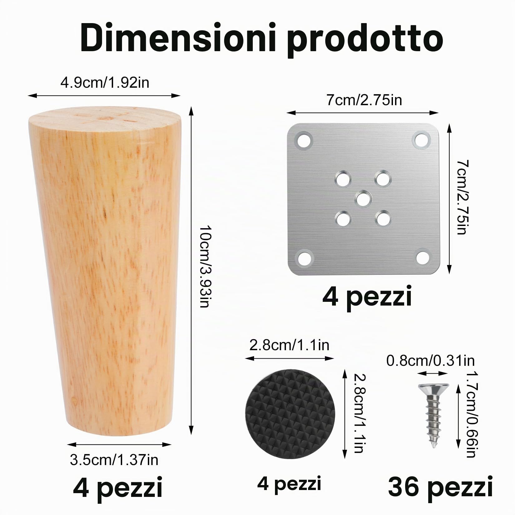 4 Pz Piedini per Mobili in Legno 10cm, Piedi per Mobili, Gambe per Mobilie, Gambe Tavolo, Piedi Letto, Piedini per Divano Letto Dritte e Affusolate per Tavoli, Cassettiere, Sedie, con Accessori