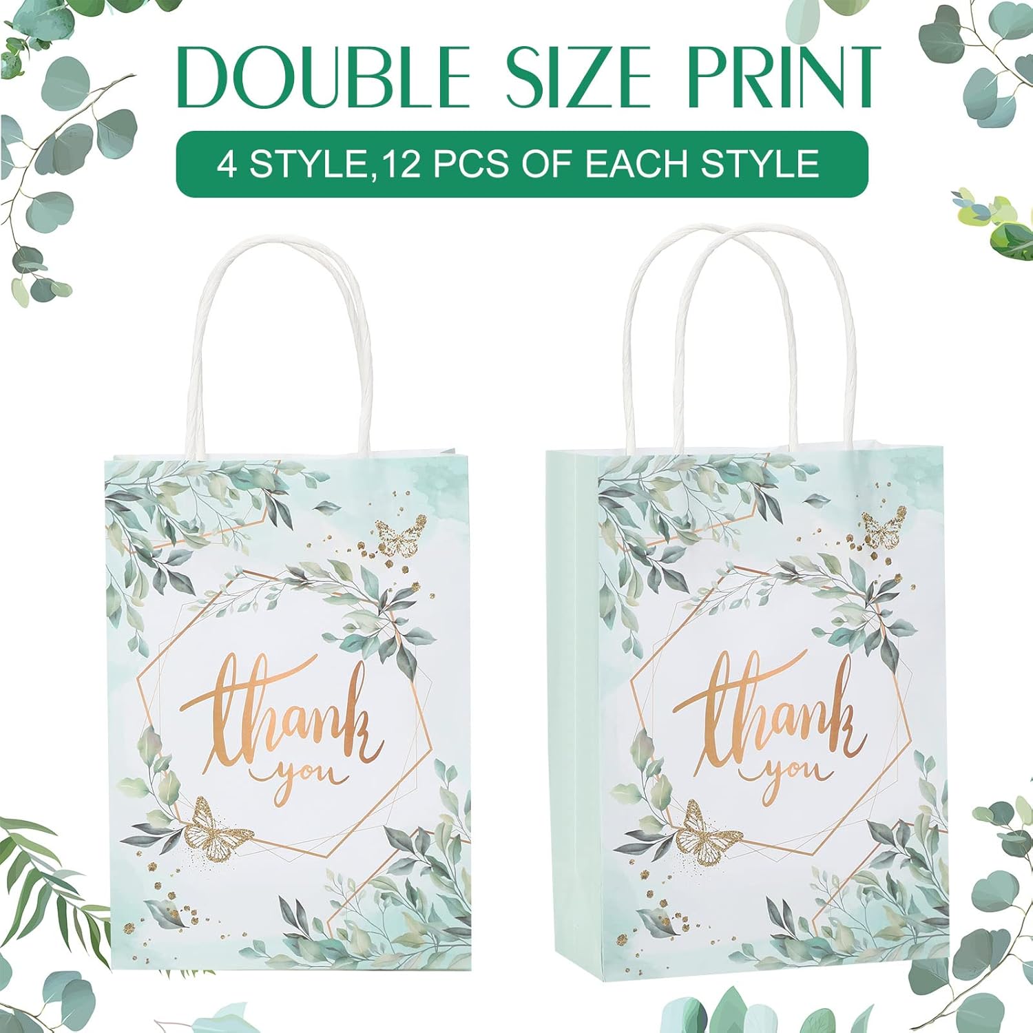 48 Pcs Thank You Gift Bags Floral Design Thank You Bags Wedding Small Paper Thank You Kraft Bags Floral Gift Bags for Business Shopping Gifts Clothing Wedding Favors(Leaves Style)