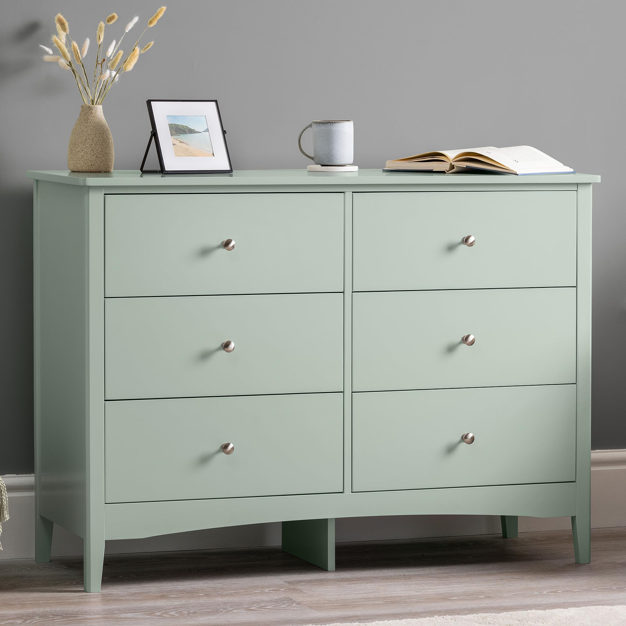 CHRISTOW Sage Green Chest Of Drawers, 6 Drawer Storage Organiser Unit, Modern Wooden MDF Bedroom Cabinet Furniture, Living Room Hallway, Brushed Chrome Handles (H70cm x W80cm x D40cm)