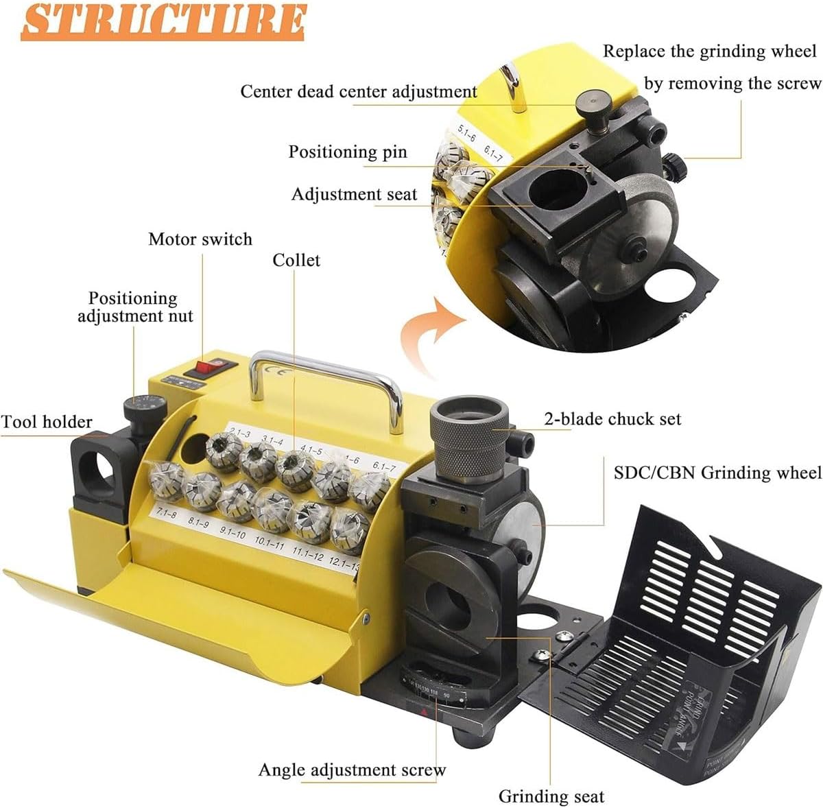 Portable Drill Bits Sharpener,3-13mm Portable Multipurpose Drill Bit Grinding Machine with 11 Collets,Electric Drill Bit Sharpener,Adjustable Angles from 95°-135° CBN Wheel,for Hss