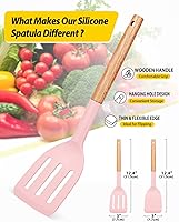 Vista 2 de Paquete de 2 espátulas de cocina de silicona, volteador sólido resistente al calor, espátulas ranuradas antiadherentes con mango corto de madera