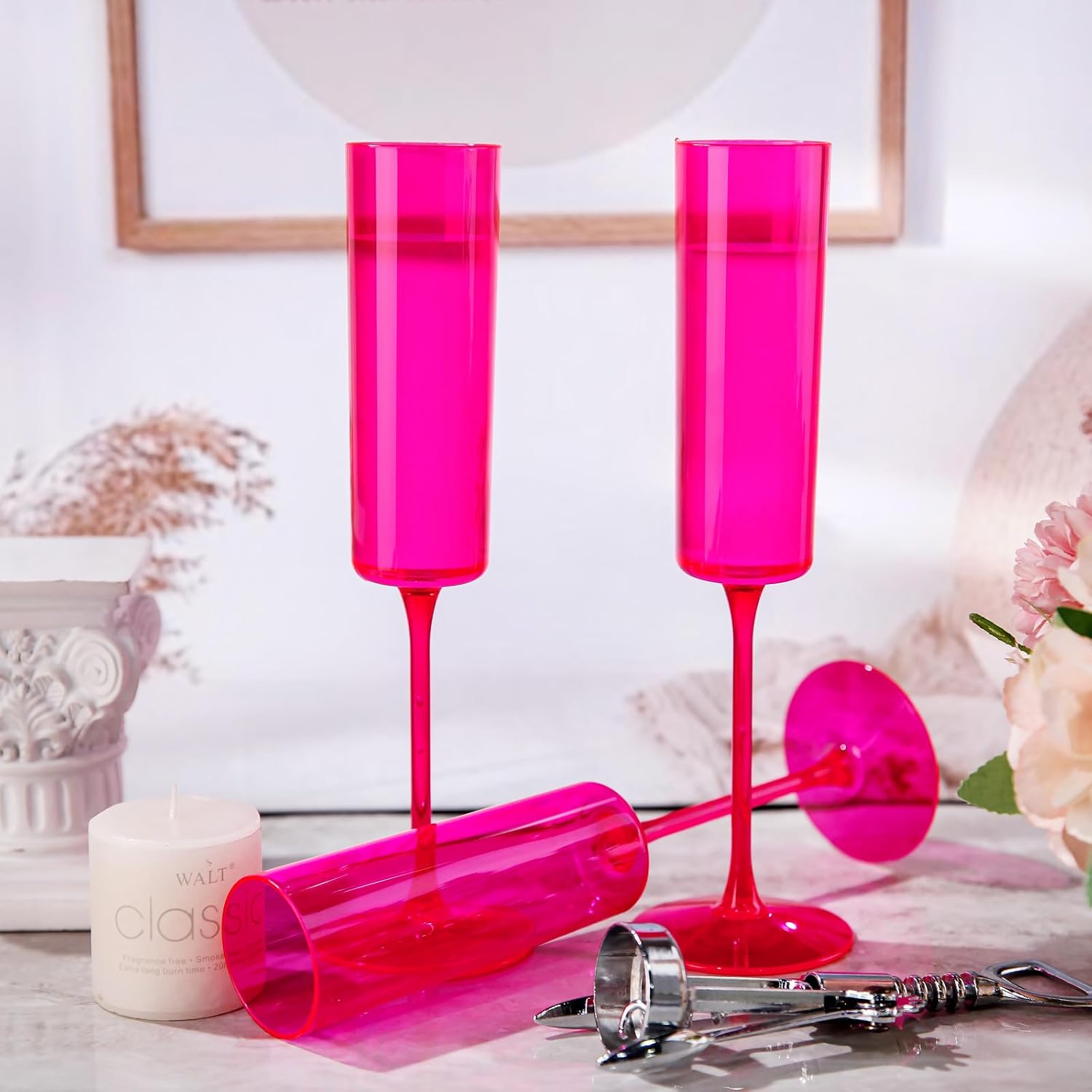 Ciaell 24 Pack Hot Pink Plastic Champagne Flutes and 24 Pack clear Plastic Champagne Flutes for Thanksgiving & Party