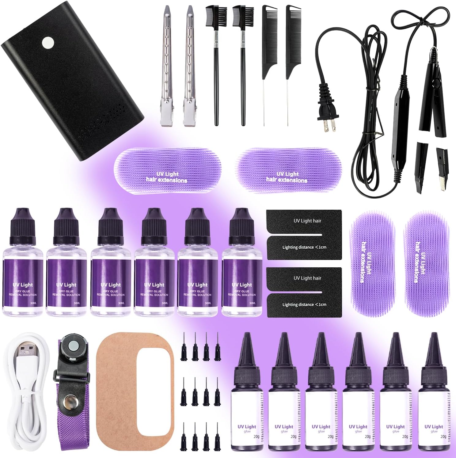 UV Light Hair Extension Kit, UV Light Hair Extension Machine (Black), UV Lingh Glue*2, UV Light Hair Extensions Shield * 2, glue remover*2, uv Light Hair Clip * 2 (Black Machine)