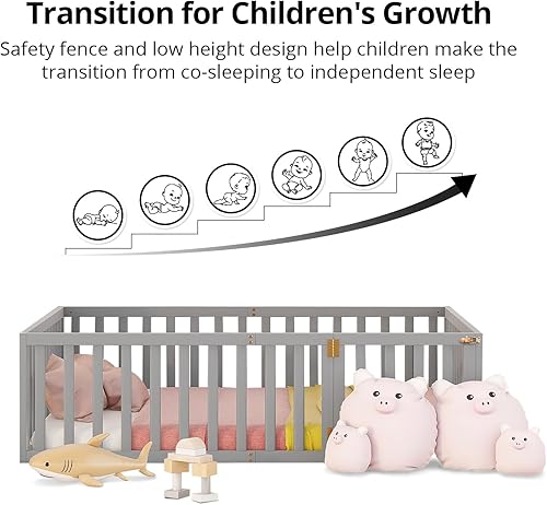 Miniatura 6 de i-POOK Cama de suelo tamaño Queen para niños marco de cama Montessori de madera resistente con valla y puerta cama Montessori para niñas y niños