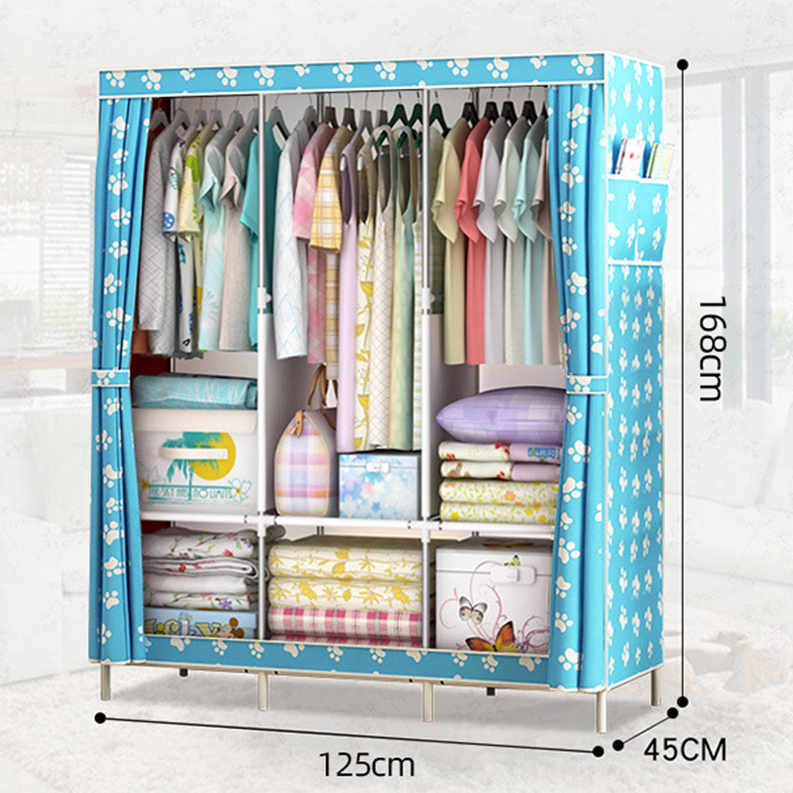 Kleiderschrank Tragbarer Kleiderschrank, Canvas-Kleiderschrank, Kleiderschrank-Aufbewahrungsorganisator mit 3 Kleiderstangen und Seitentaschen, Stoffschränke für Schlafzimmerkleidu