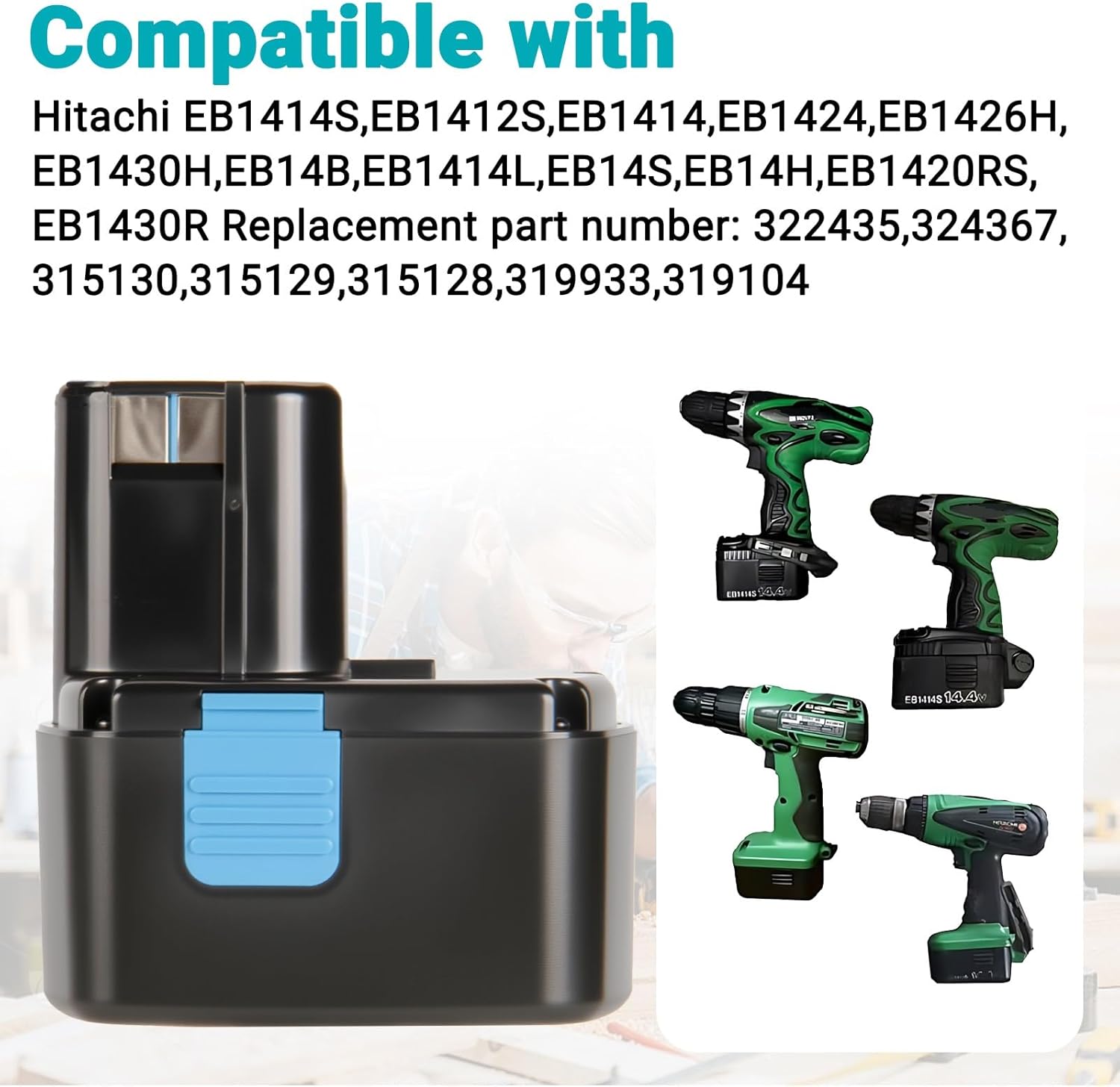 CREABEST 14.4V 5000mAh Replacement Battery Compatible with Hitachi EB1414S EB1412S EB1414 EB14B EB14 EB1424 EB14S EB1426H EB1430H EB1430R Ni-MH Battery Hitachi 14.4v