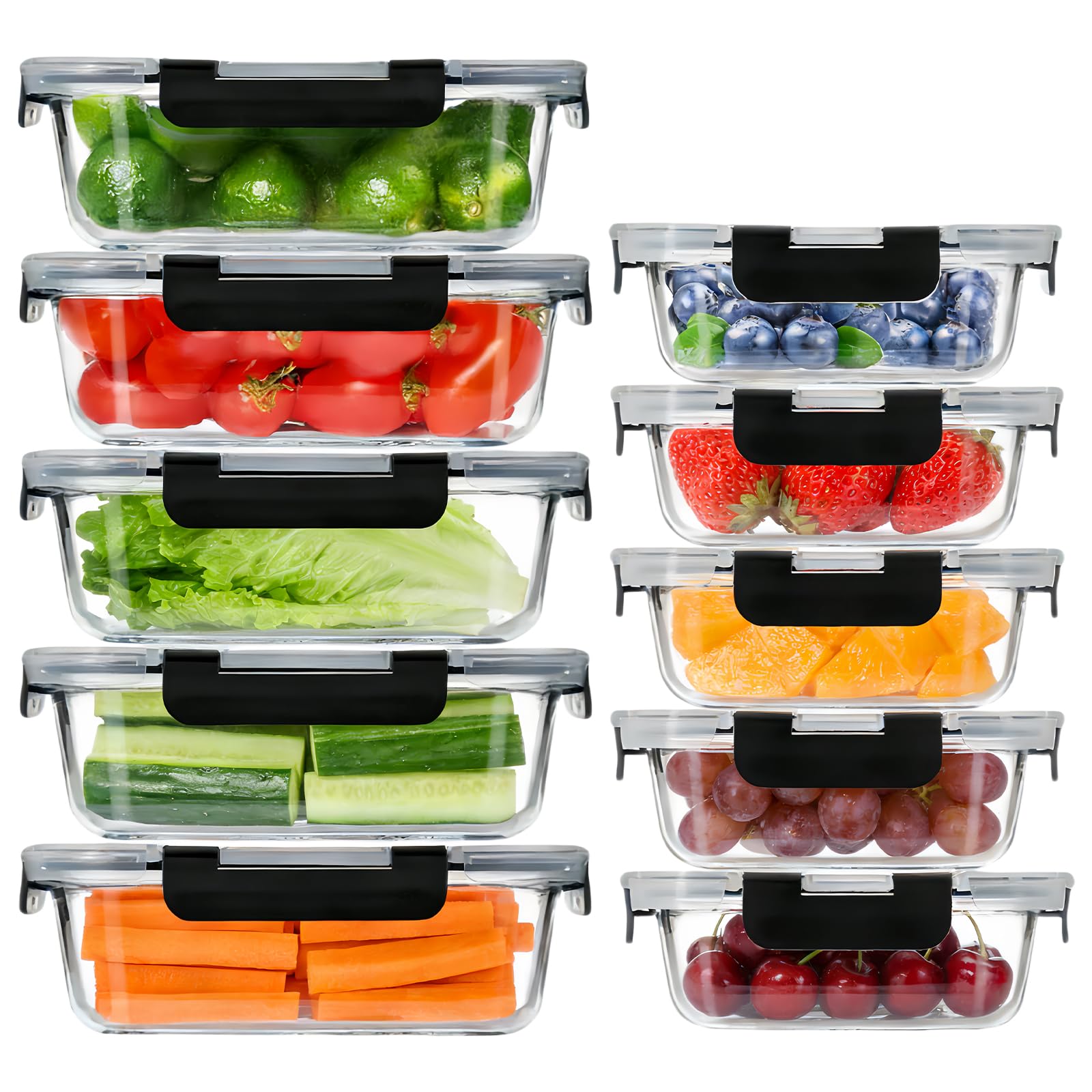 Meetoz Transparent Glass Containers With Lids,10 Pack Glass Meal Prep Containers,Glasss Lunch Box With Bpa Free,Stackable, High Temperature Resistance, For Freezer, Microwave, Oven, Freezer And Dishwasher